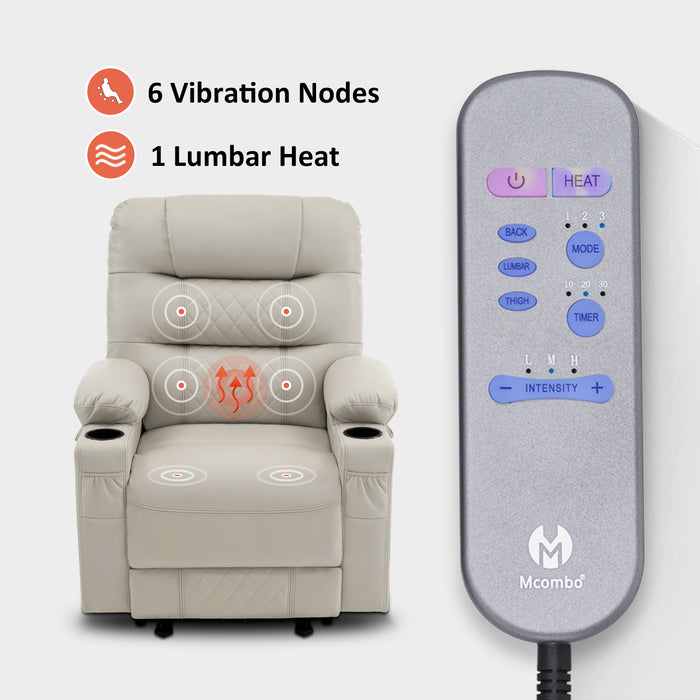 MCombo Power Recliner Chair, Electric Reclining with Heat and Massage for Adult, Cup Holder, USB Port, Extended Footrest, Breathable Leather Electric Reliner Sofa Seat for Living Room, 6160-PR621 (No Lift)