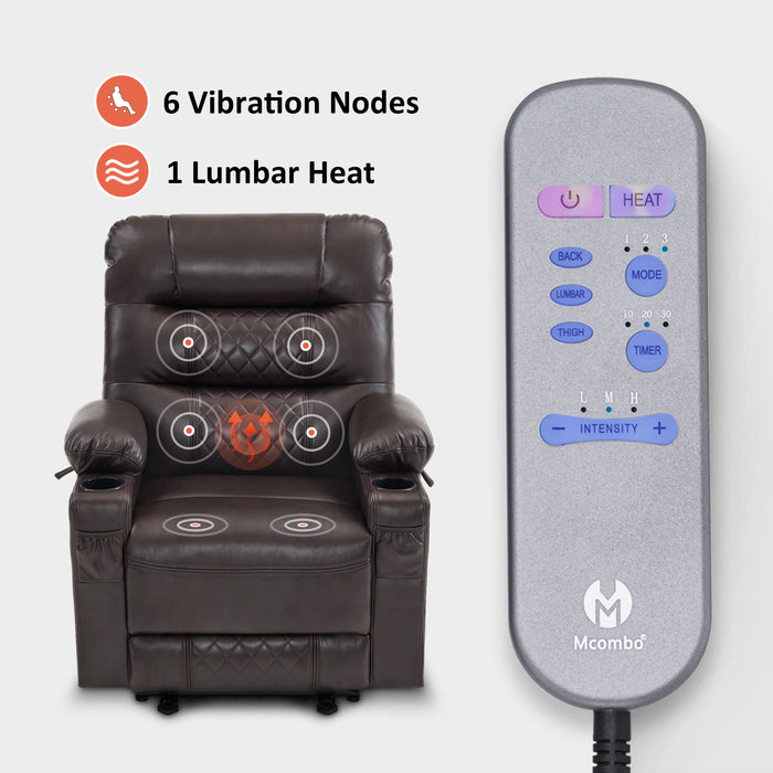 MCombo Power Recliner Chair, Electric Reclining with Heat and Massage for Adult, Cup Holder, USB Port, Extended Footrest, Breathable Leather Electric Reliner Sofa Seat for Living Room, 6160-PR621 (No Lift)