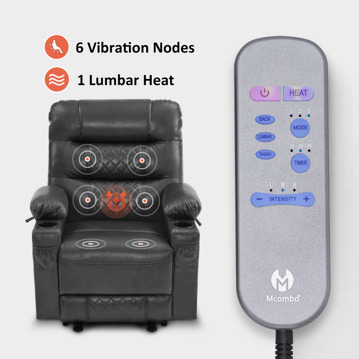 MCombo Power Recliner Chair, Electric Reclining with Heat and Massage for Adult, Cup Holder, USB Port, Extended Footrest, Breathable Leather Electric Reliner Sofa Seat for Living Room, 6160-PR621 (No Lift)