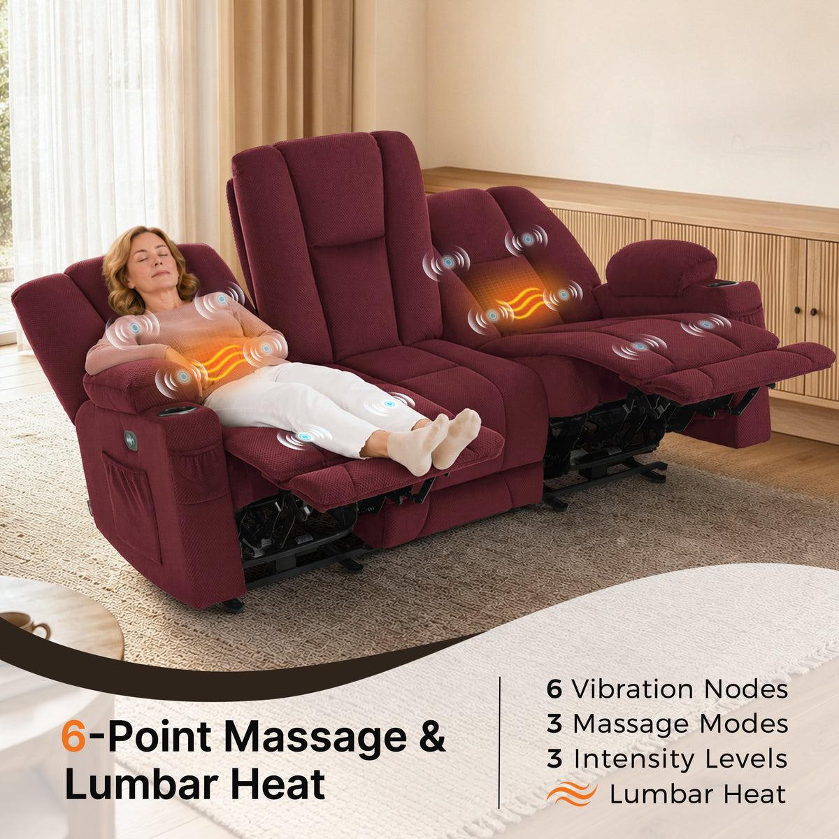 81 in 3 Seater Reclining Sofa with Heat and Massage 6034M3