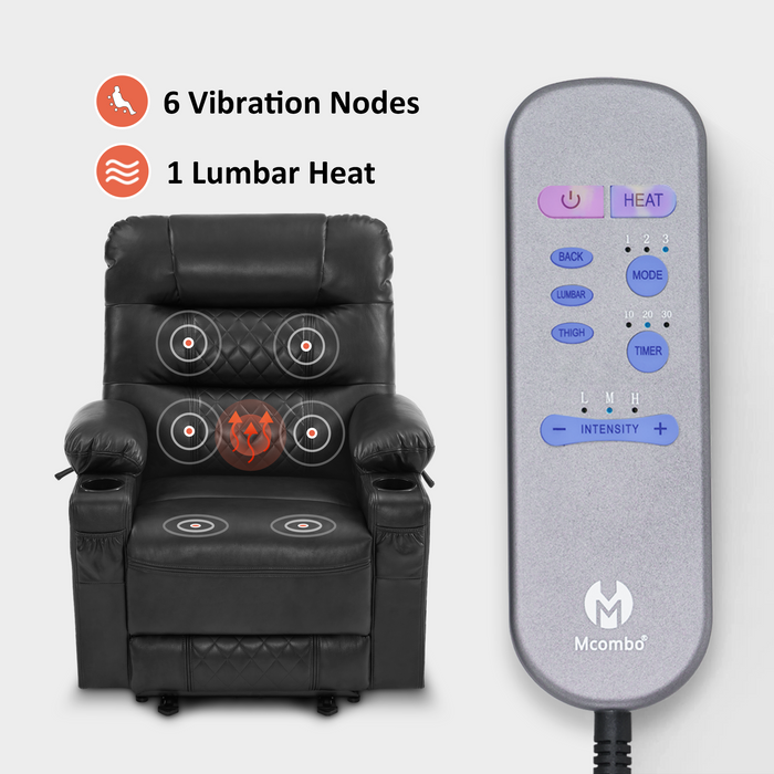 MCombo Power Recliner Chair, Electric Reclining with Heat and Massage for Adult, Cup Holder, USB Port, Extended Footrest, Breathable Leather Electric Reliner Sofa Seat for Living Room, 6160-PR621 (No Lift)