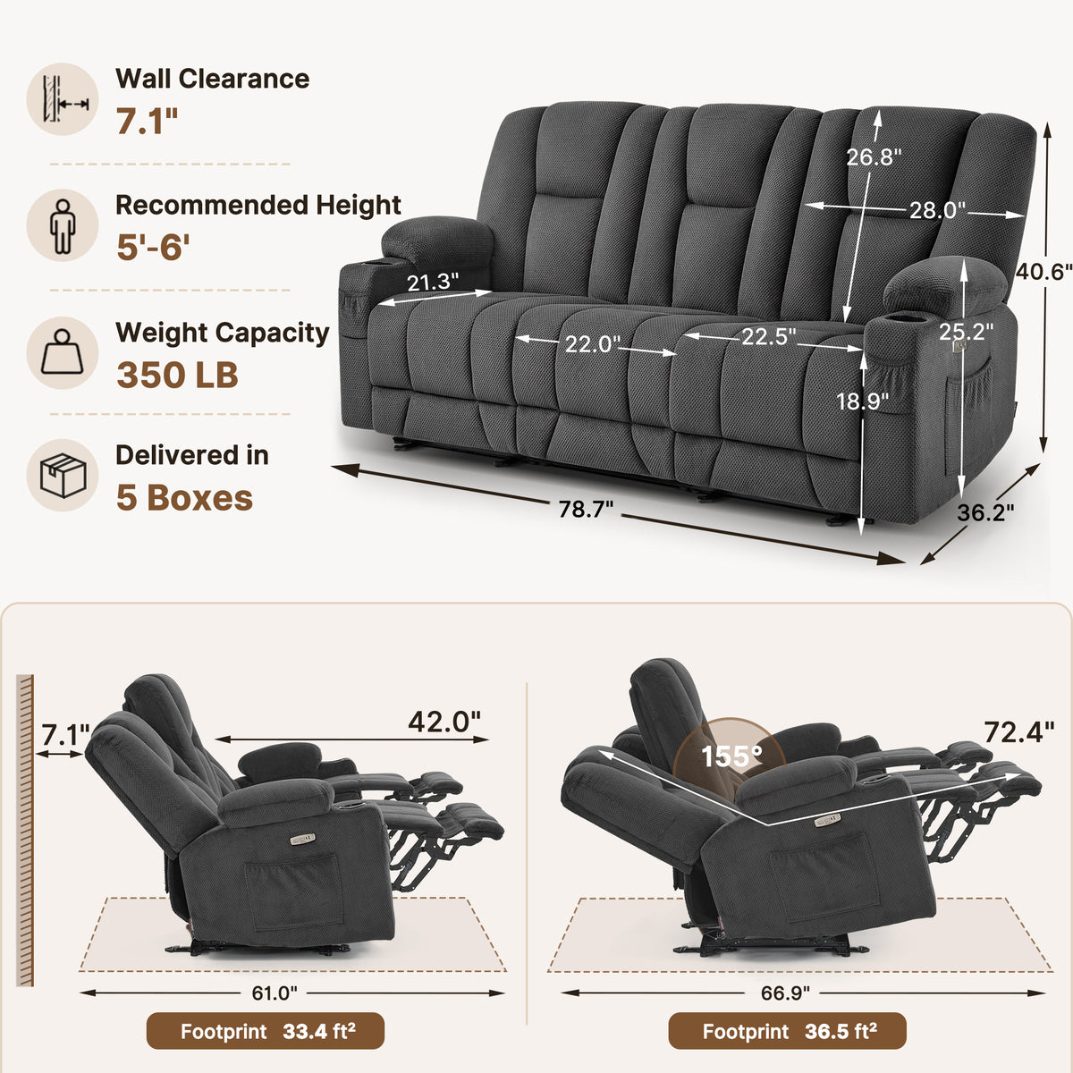 81 in 3 Seater Reclining Sofa with Heat and Massage 6034M3