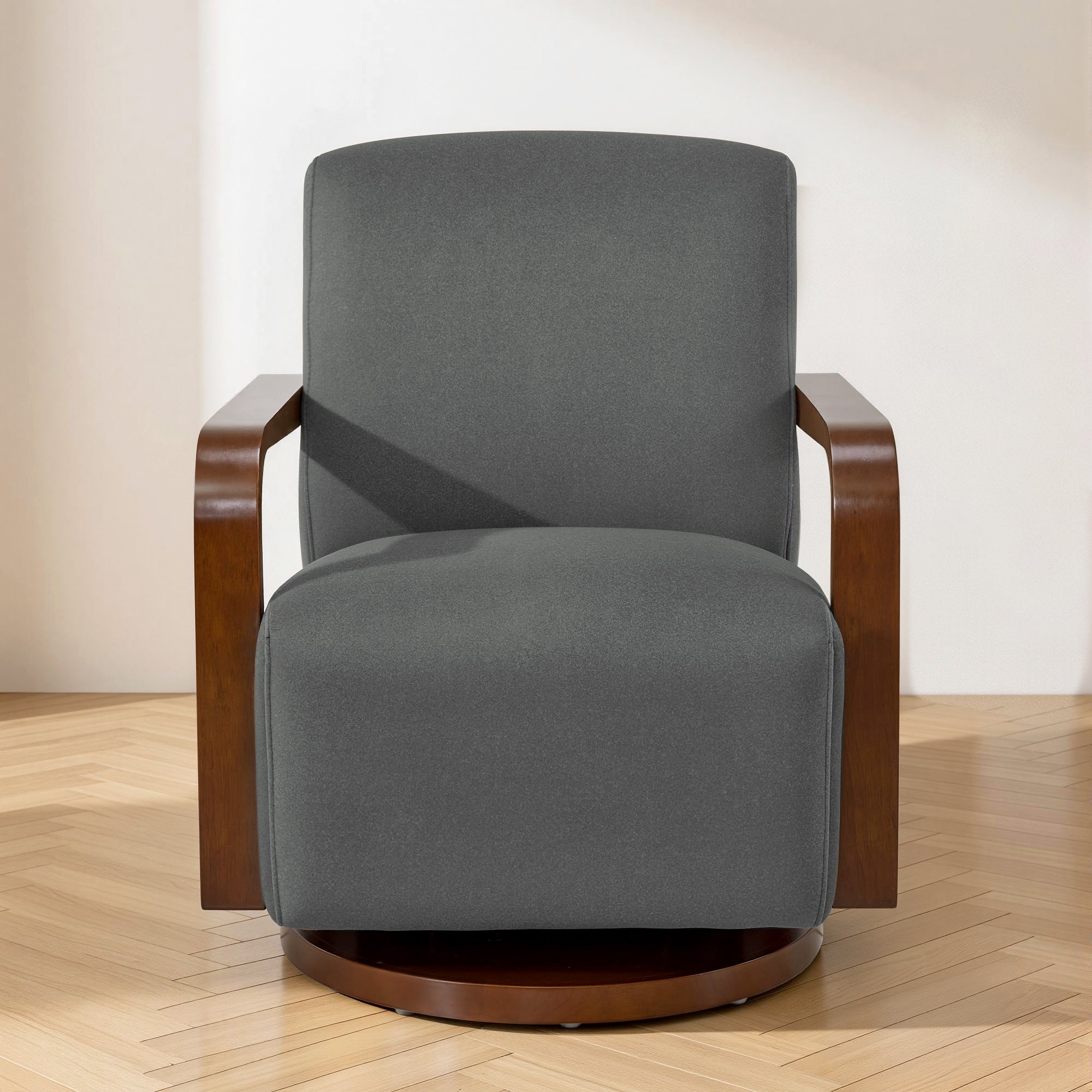 Swivel Glider Accent Chair, Wood Arm, Pet-Friendly Fabric, Classic Style for Living Room & Bedroom