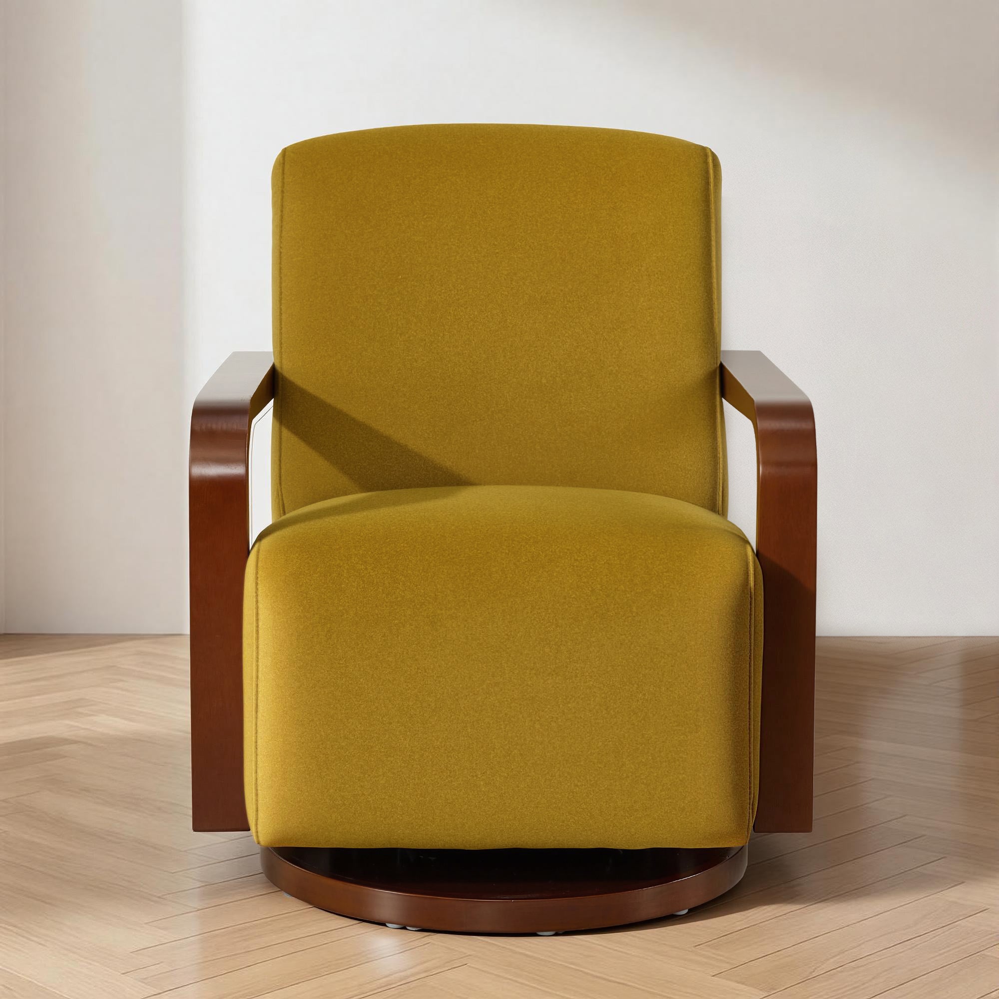 Swivel Glider Accent Chair, Wood Arm, Pet-Friendly Fabric, Classic Style for Living Room & Bedroom