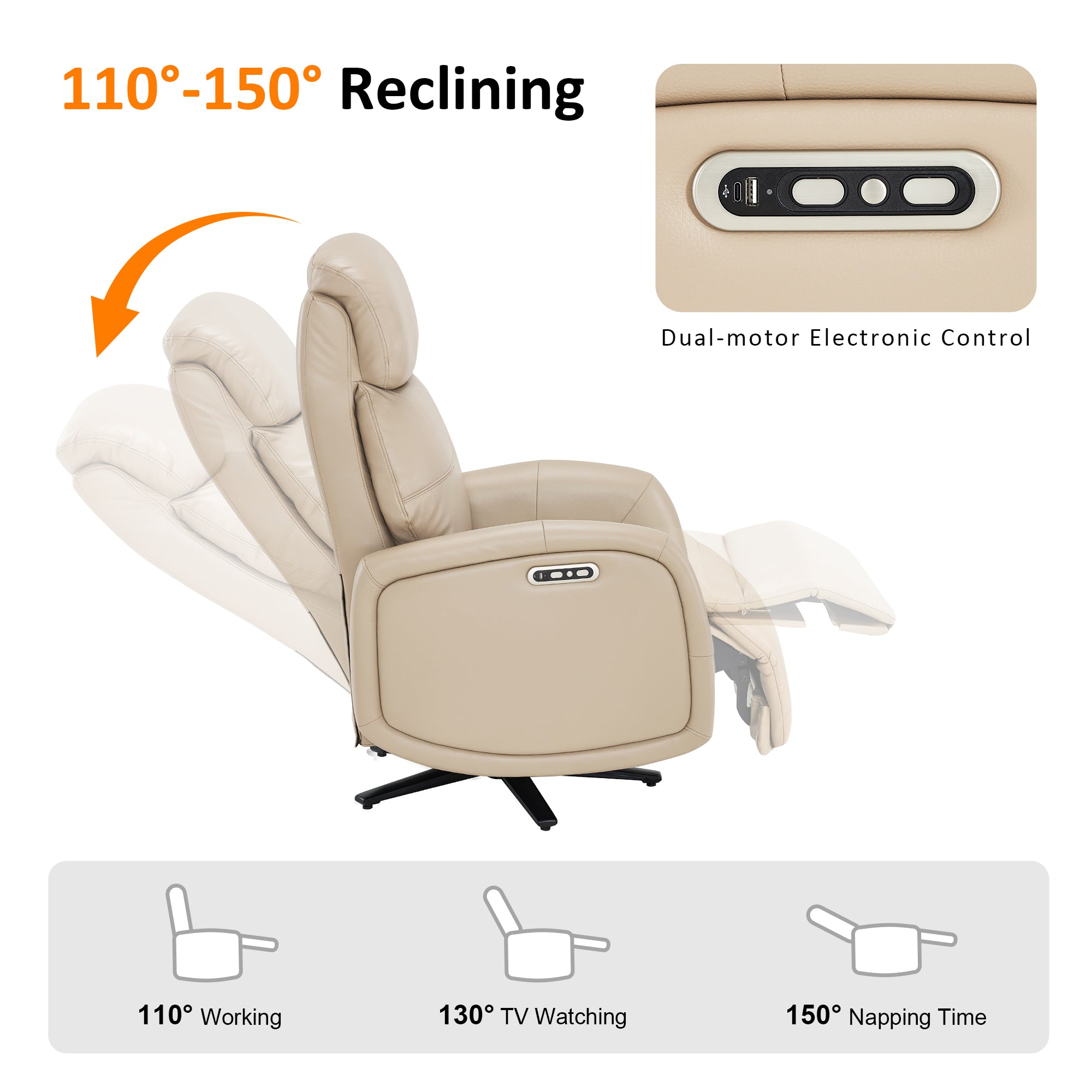 Dual Motor Power Recliner Swivel Chair, Faux Leather 4610