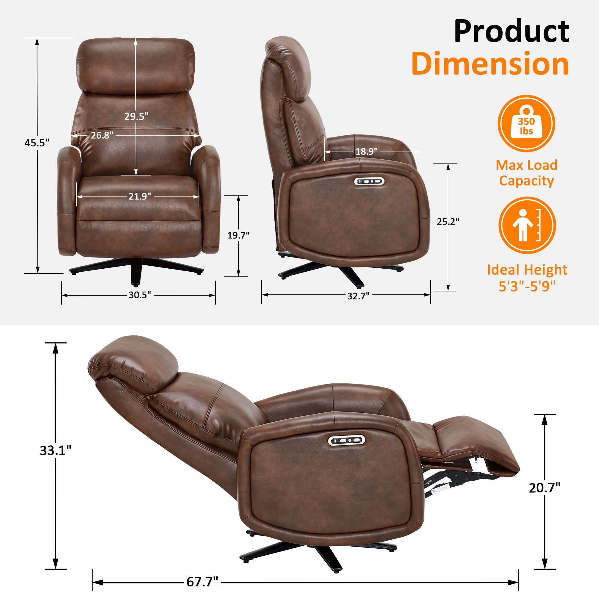 Dual Motor Power Recliner Swivel Chair, Faux Leather 4610