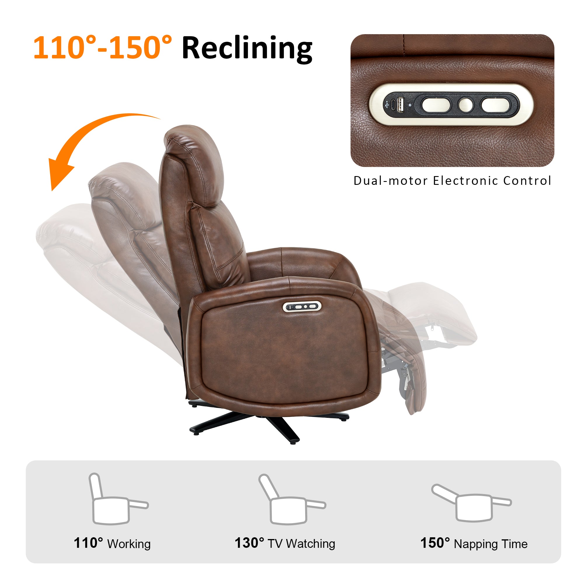 Dual Motor Power Recliner Swivel Chair, Faux Leather 4610
