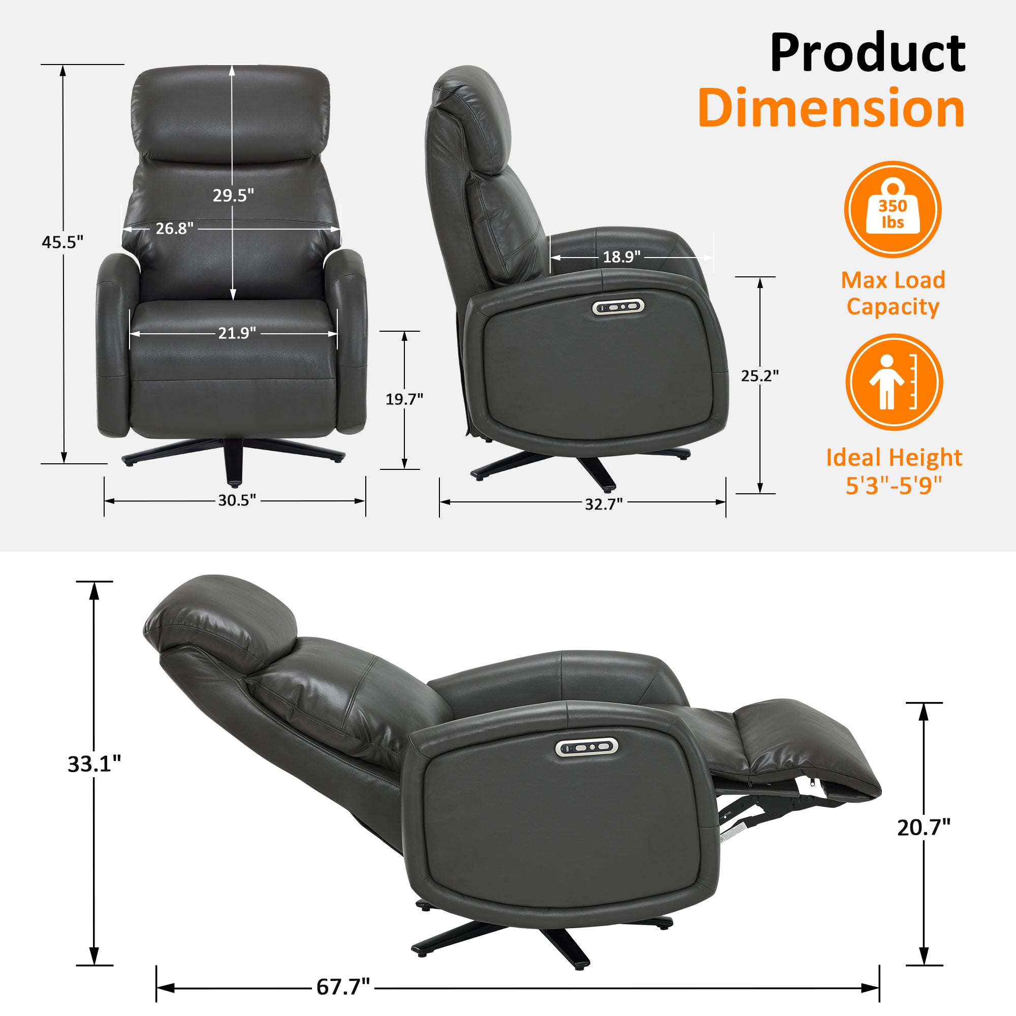 Dual Motor Power Recliner Swivel Chair, Faux Leather 4610