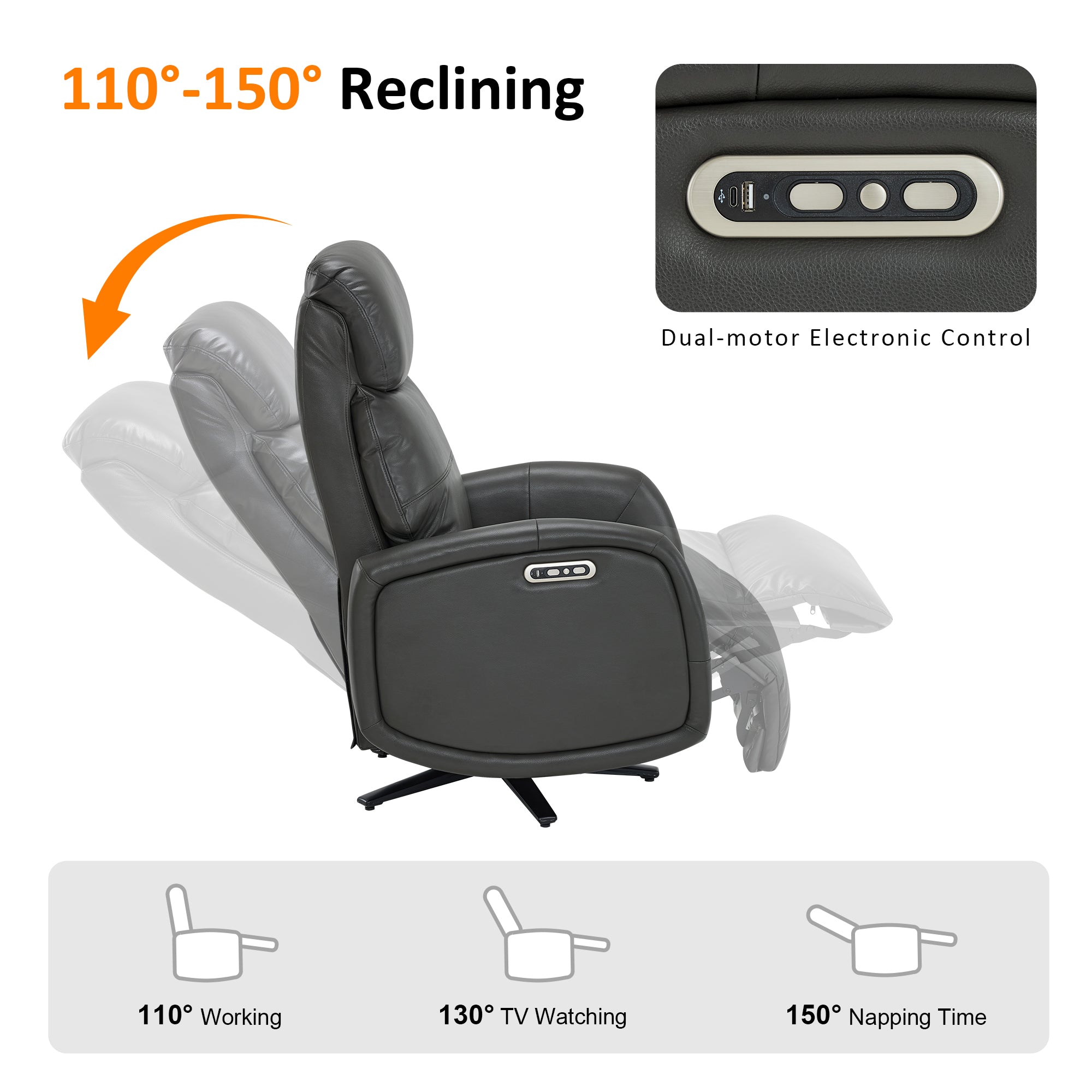 Dual Motor Power Recliner Swivel Chair, Faux Leather 4610