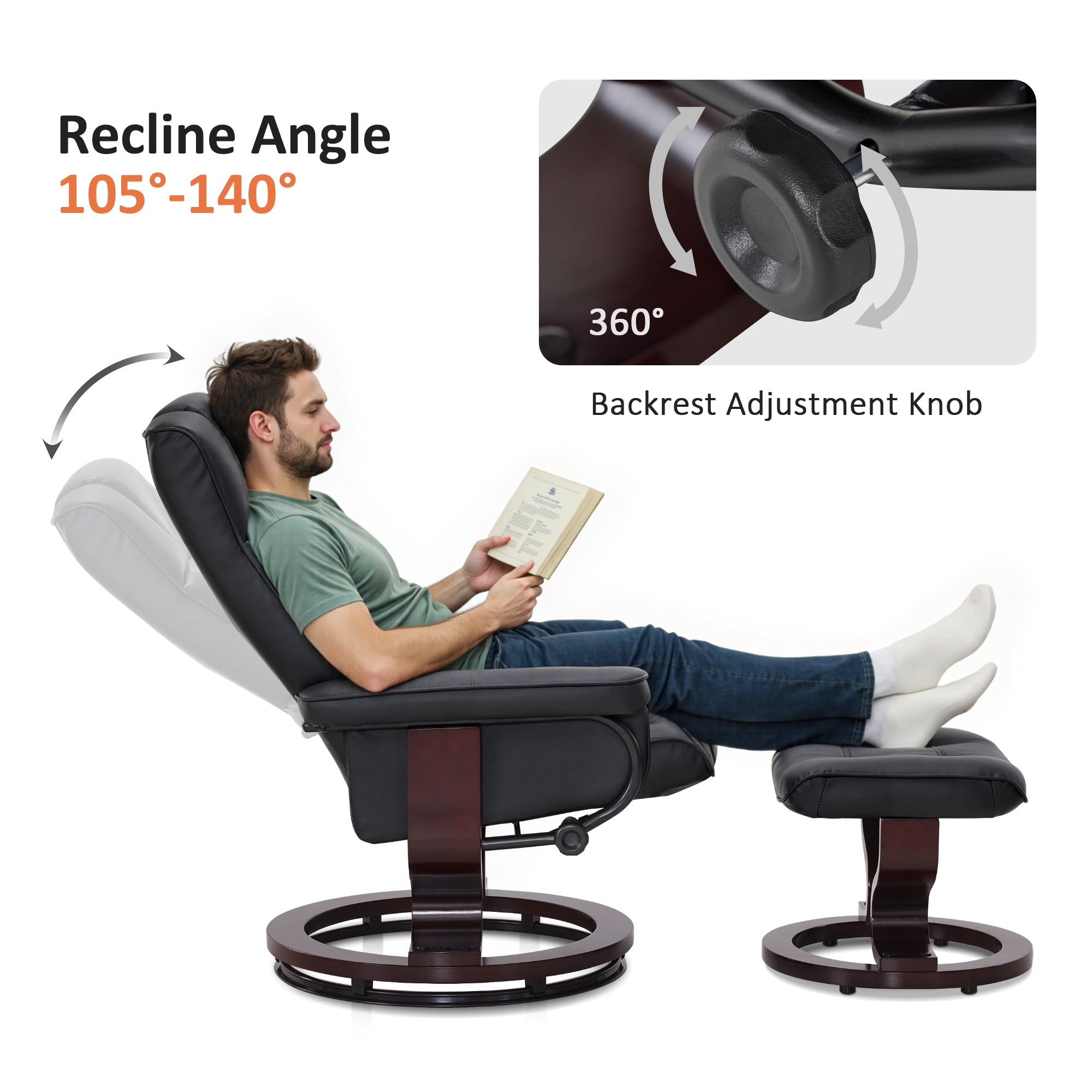 Swivel Recliner with Ottoman, Faux Leather 9019