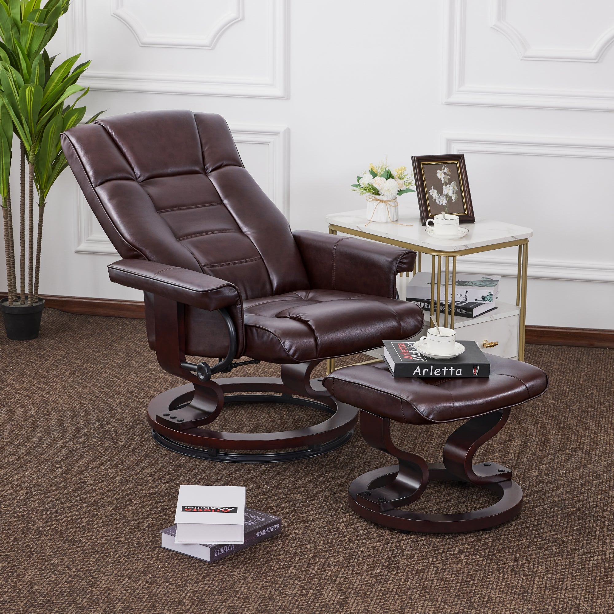 Swivel Recliner with Ottoman, Faux Leather 9019
