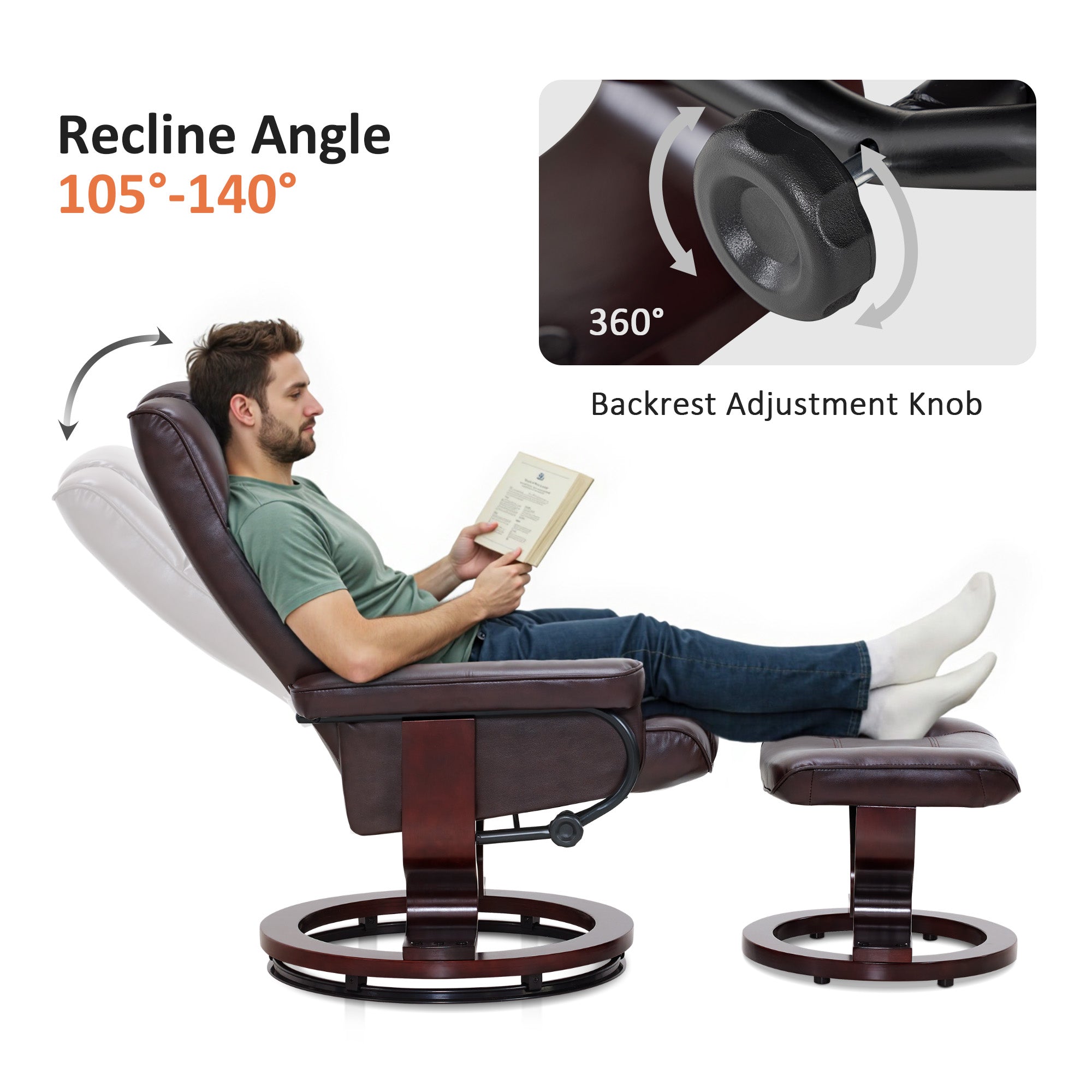 Swivel Recliner with Ottoman, Faux Leather 9019