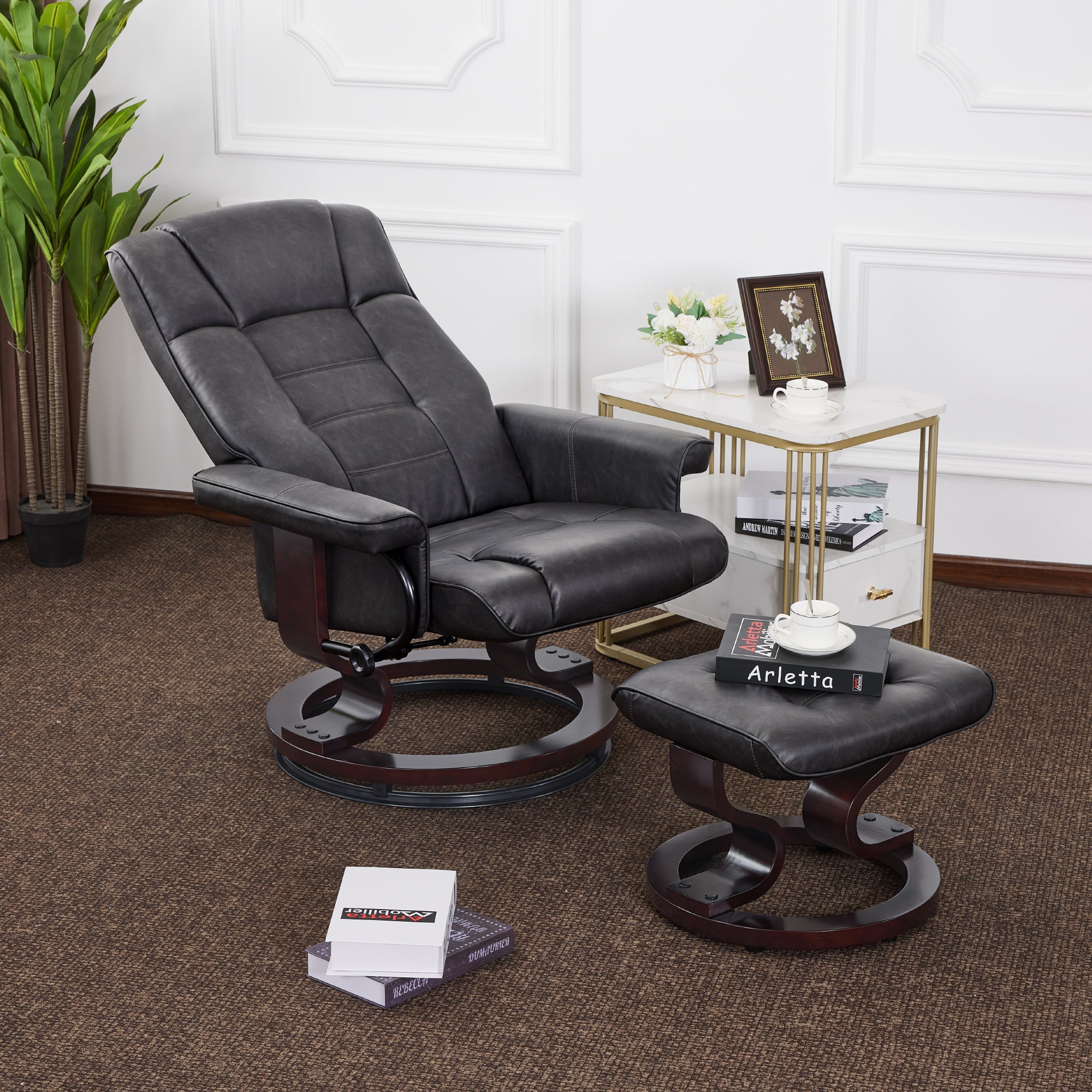 Swivel Recliner with Ottoman, Faux Leather 9019