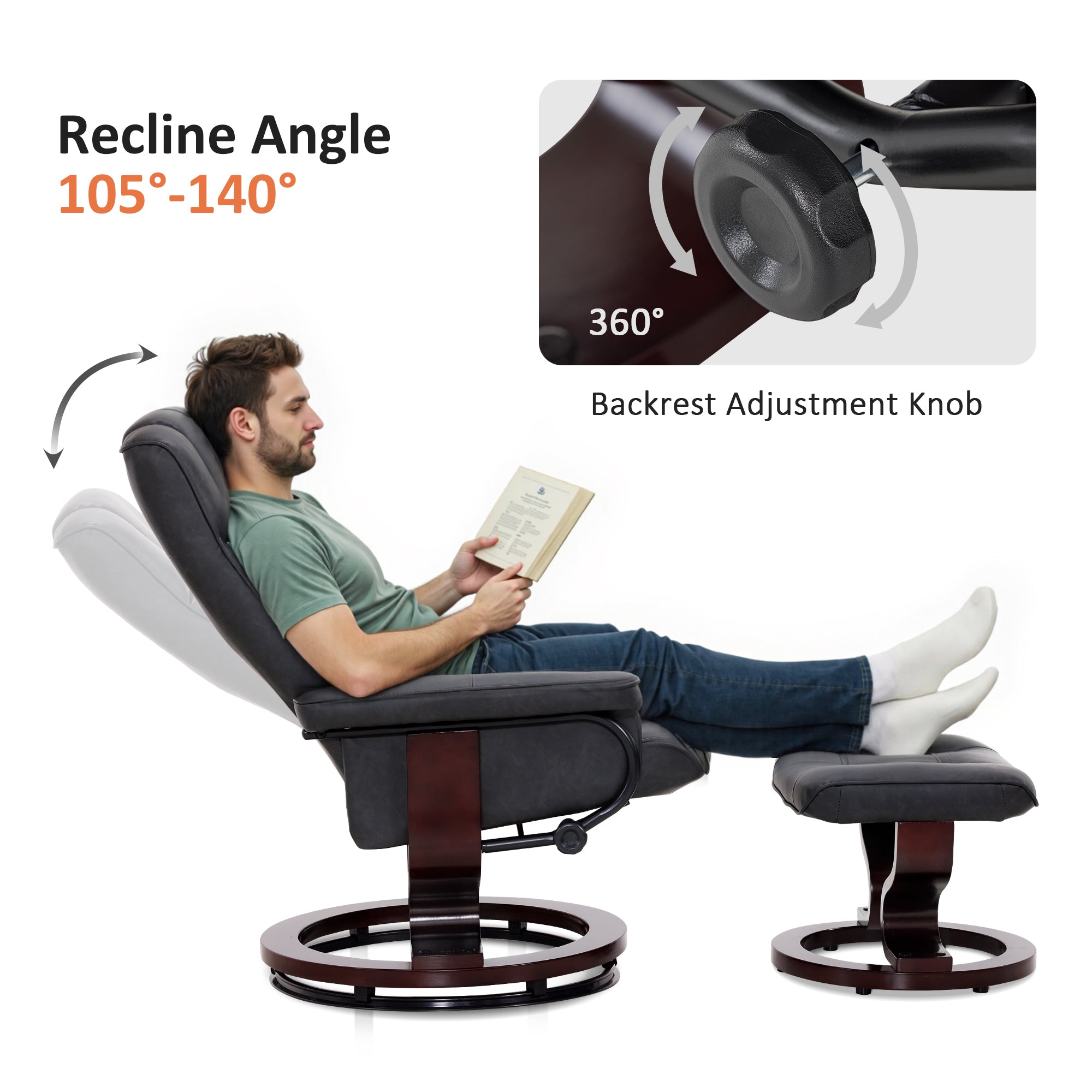 Swivel Recliner with Ottoman, Faux Leather 9019