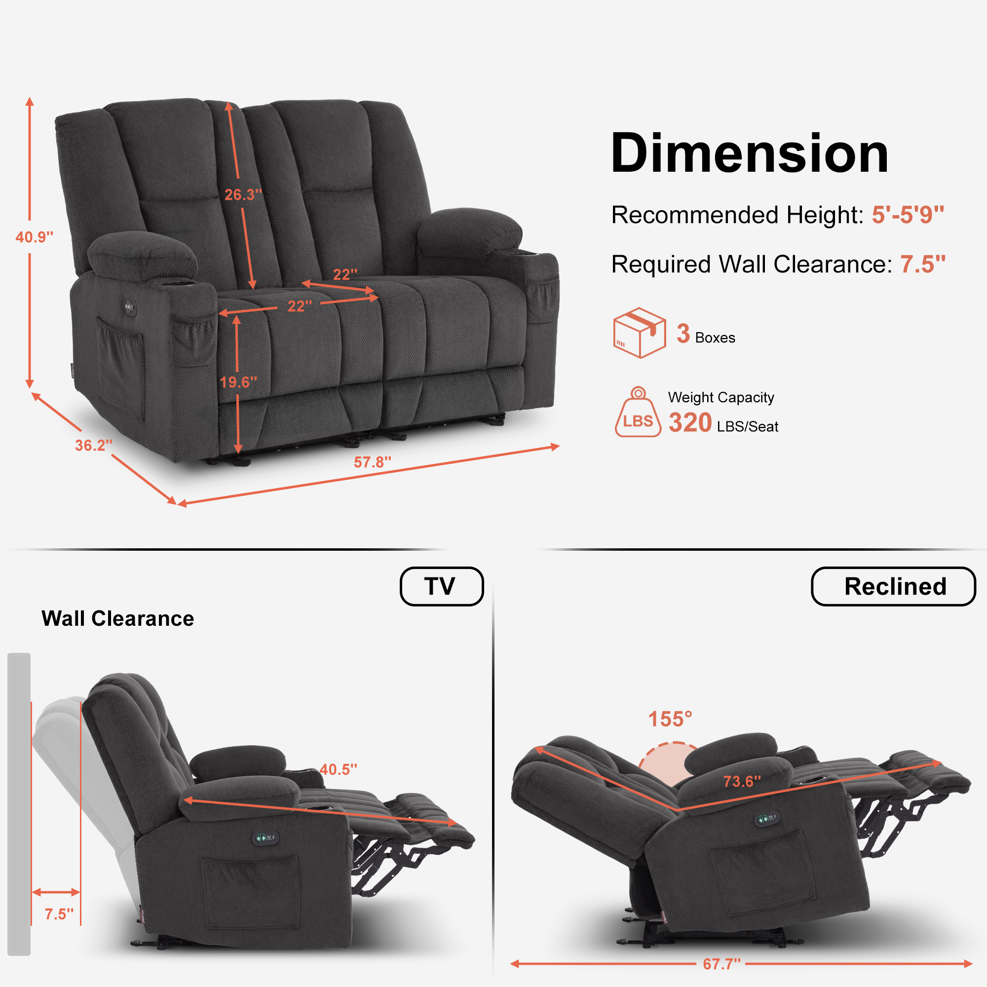 Power Reclining Loveseat with Heat and Massage, Fabric 6025