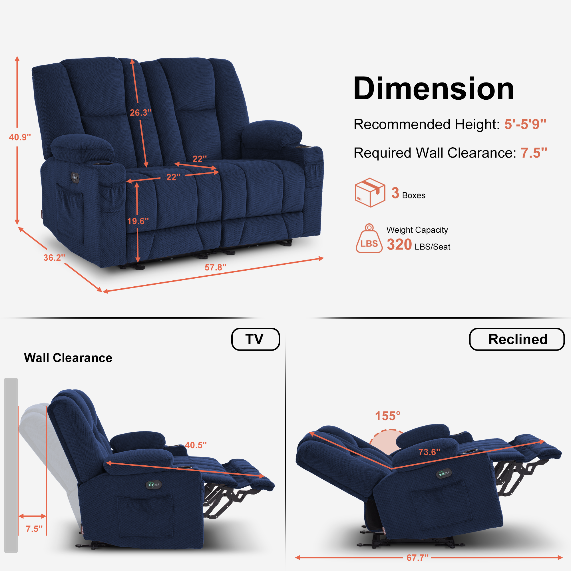 Power Reclining Loveseat with Heat and Massage, Fabric 6025