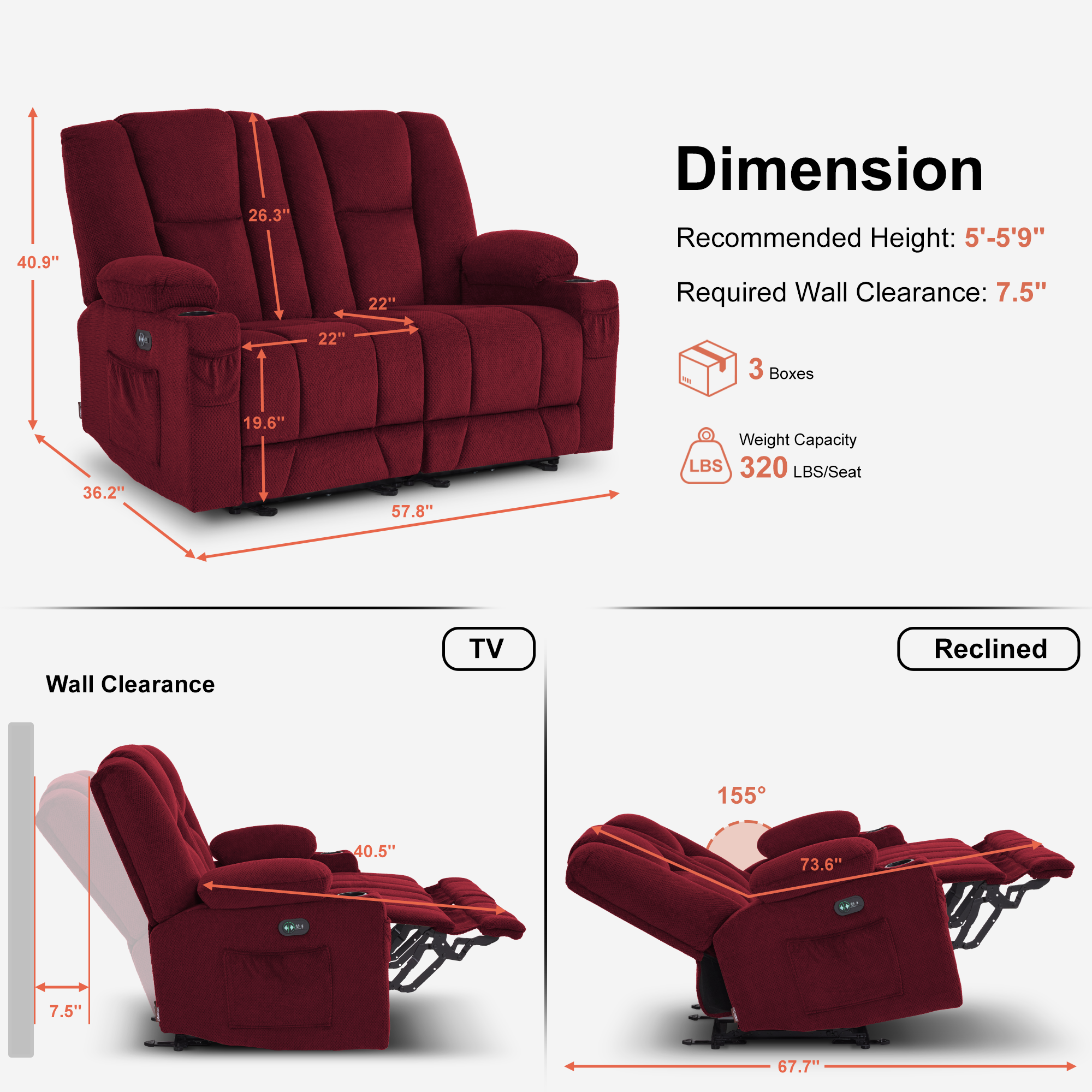 Power Reclining Loveseat with Heat and Massage, Fabric 6025
