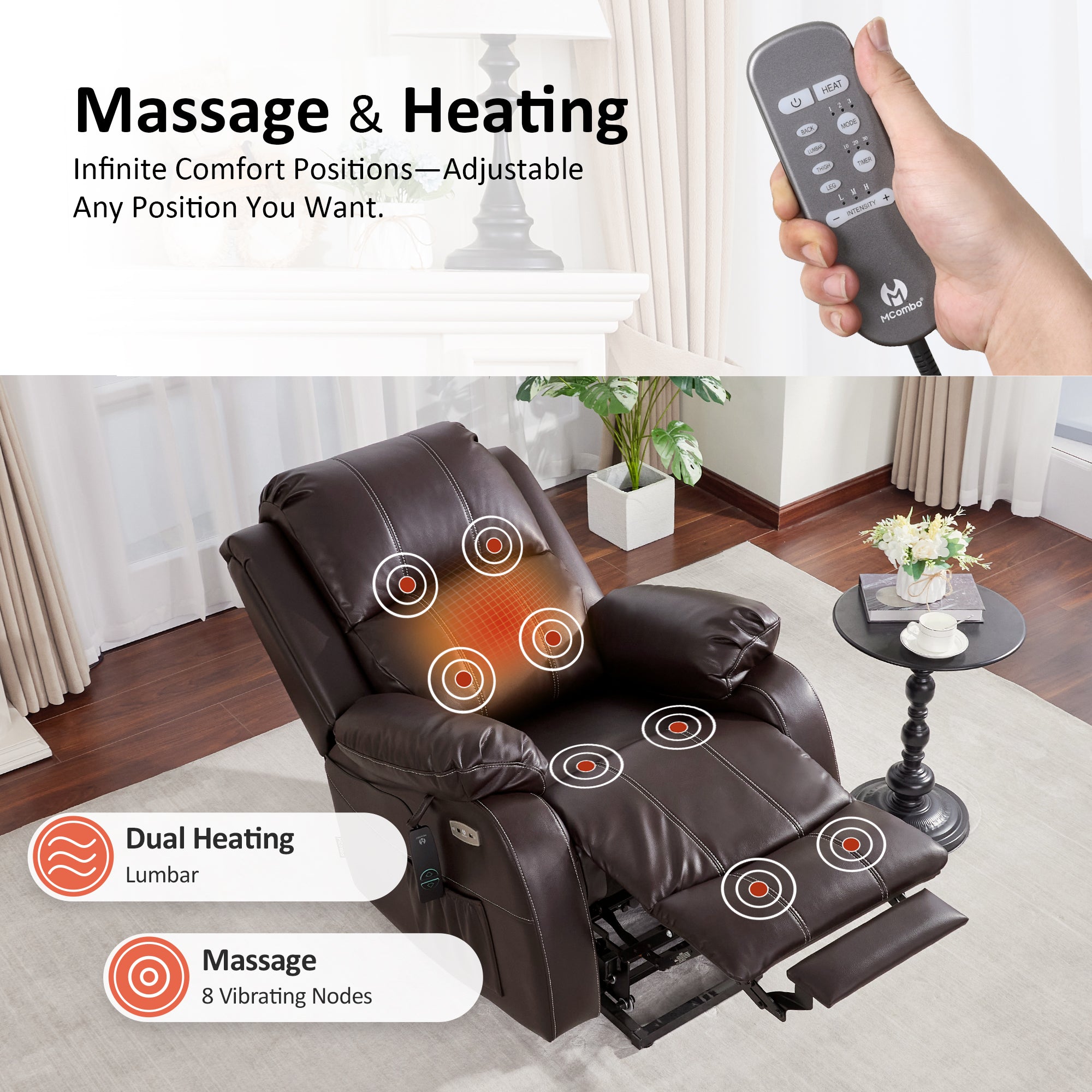 Power Lift Recliner Chair for Elderly, Massage and Heat, Faux Leather 7408|R7410