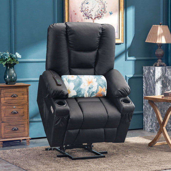 Mcombo Power Lift Recliner Chair with Massage and Heat for Elderly, Extended Footrest, 3 Positions, Lumbar Pillow, Cup Holders, USB Ports, Faux Leather Medium(#7519)