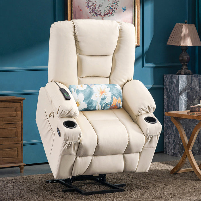Mcombo Power Lift Recliner Chair with Massage and Heat for Elderly, Extended Footrest, 3 Positions, Lumbar Pillow, Cup Holders, USB Ports, Faux Leather Medium(#7519)