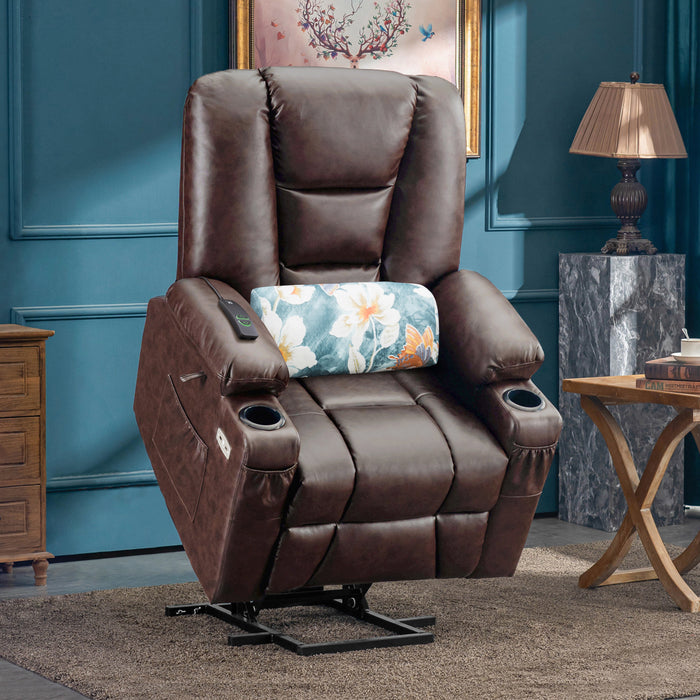 Mcombo Power Lift Recliner Chair with Massage and Heat for Elderly, Extended Footrest, 3 Positions, Lumbar Pillow, Cup Holders, USB Ports, Faux Leather Medium(#7519)