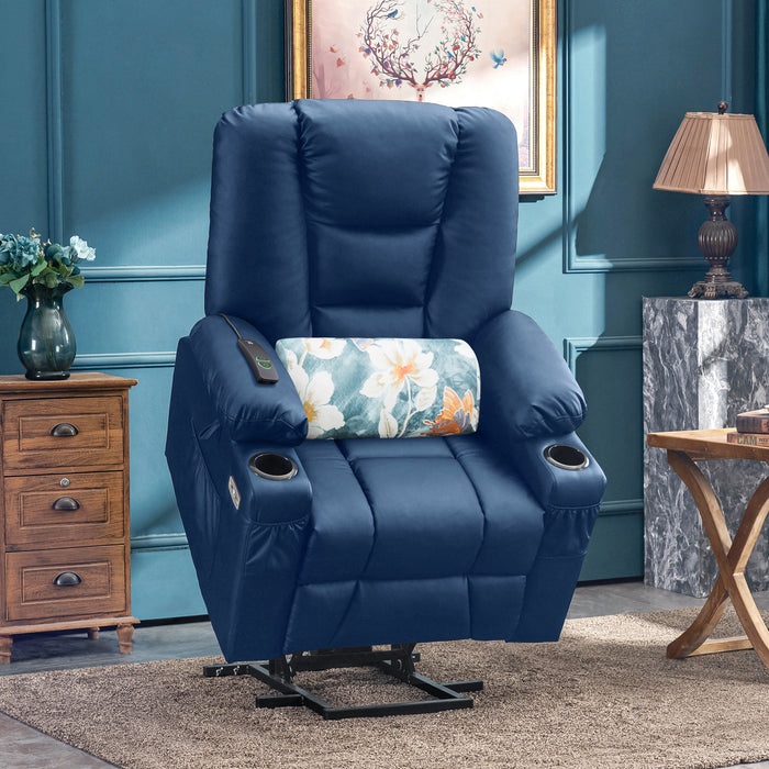 Mcombo Power Lift Recliner Chair with Massage and Heat for Elderly, Extended Footrest, 3 Positions, Lumbar Pillow, Cup Holders, USB Ports, Faux Leather Medium(#7519)