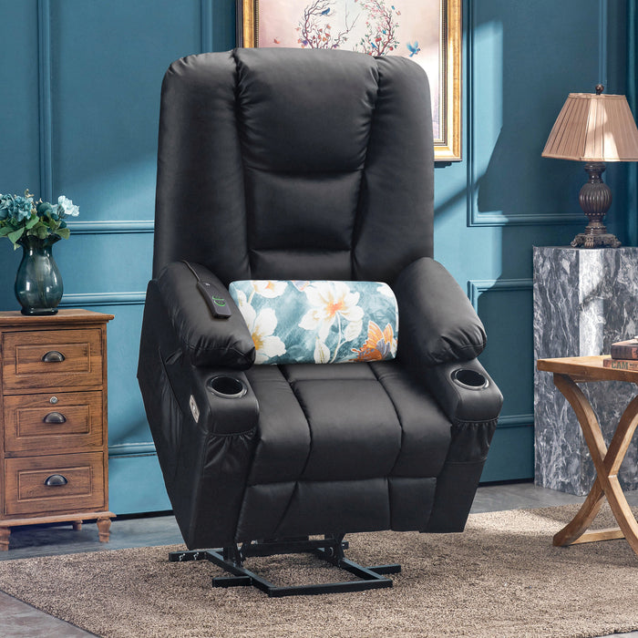 Mcombo Power Lift Recliner Chair with Massage and Heat for Elderly, Extended Footrest, 3 Positions, Lumbar Pillow, Cup Holders, USB Ports, Faux Leather Large(#7539)