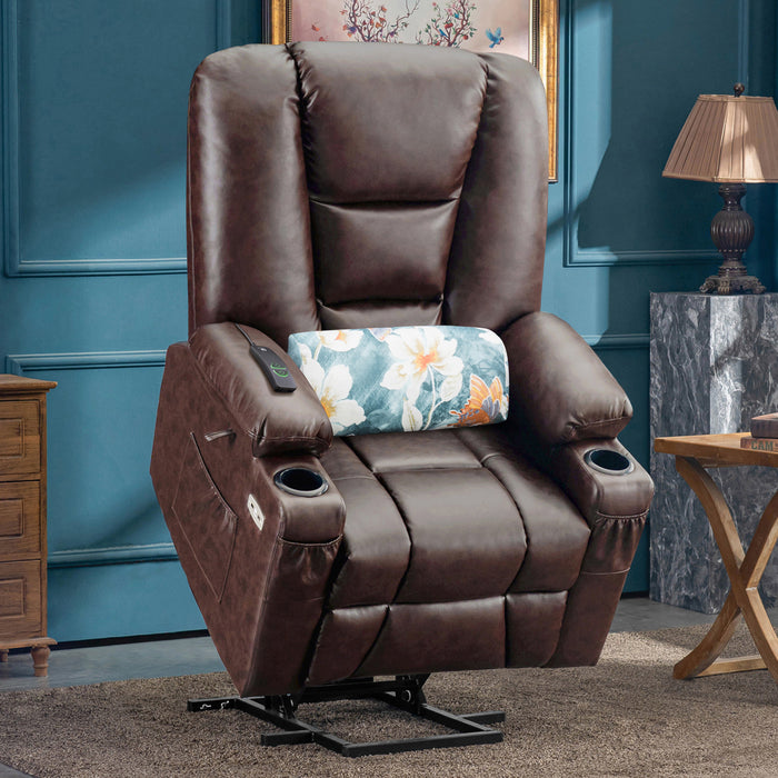 Mcombo Power Lift Recliner Chair with Massage and Heat for Elderly, Extended Footrest, 3 Positions, Lumbar Pillow, Cup Holders, USB Ports, Faux Leather Large(#7539)