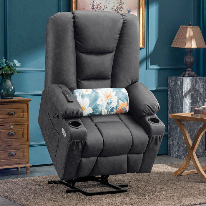 Mcombo Power Lift Recliner Chair with Massage and Heat for Elderly, Extended Footrest, 3 Positions, Lumbar Pillow, Cup Holders, USB Ports, Faux Leather Large(#7539)