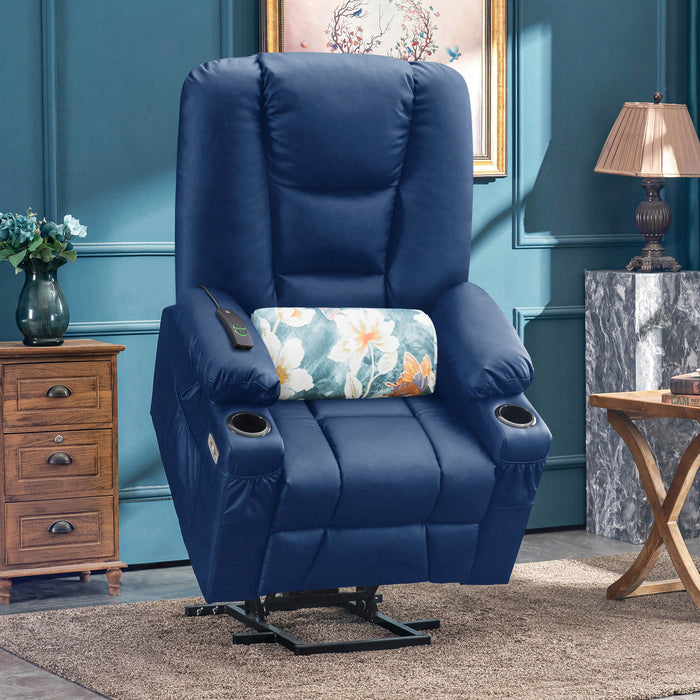 Mcombo Power Lift Recliner Chair with Massage and Heat for Elderly, Extended Footrest, 3 Positions, Lumbar Pillow, Cup Holders, USB Ports, Faux Leather Large(#7539)