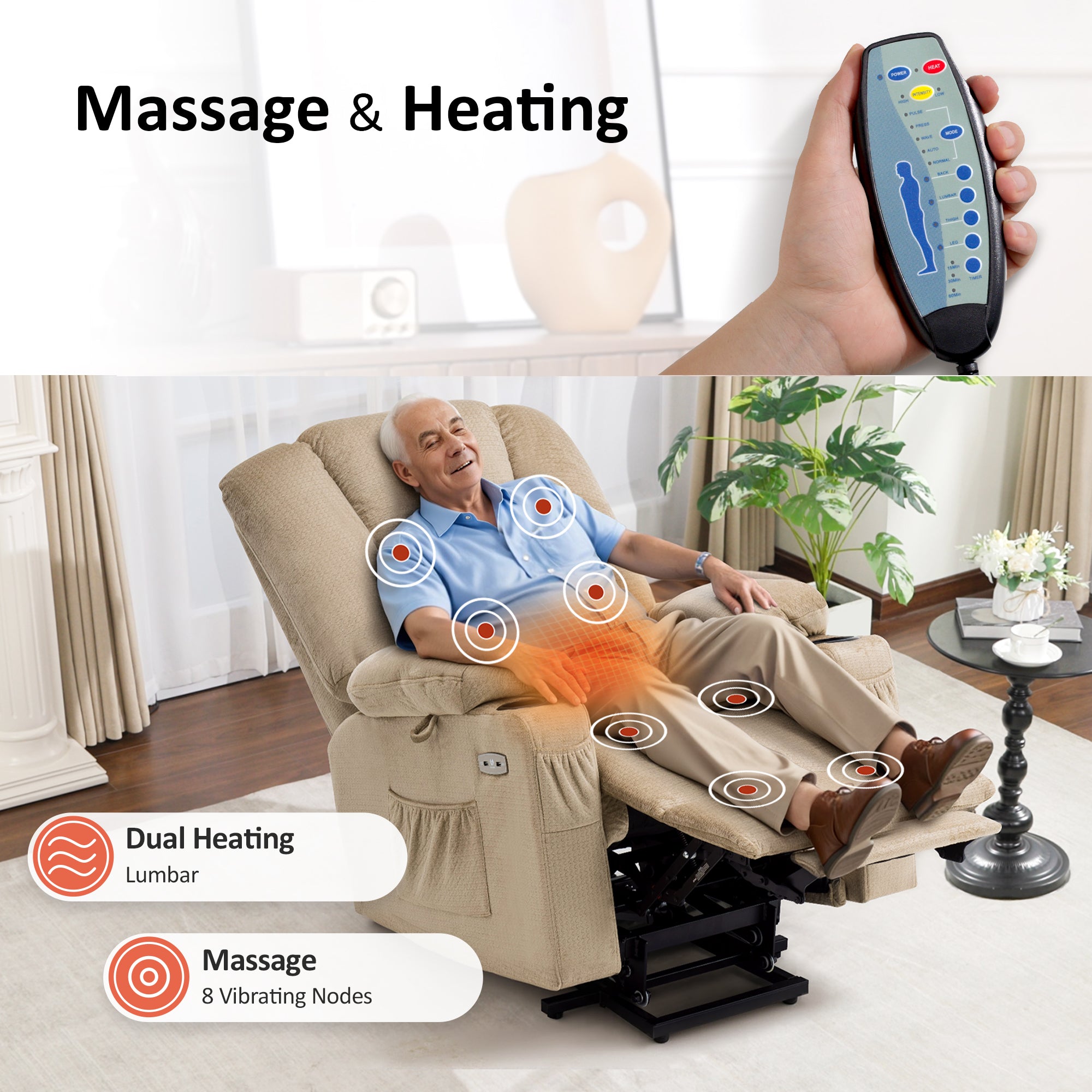 Power Lift Recliner Chair, Massage and Heat, Fabric 7549|R7541|R7561
