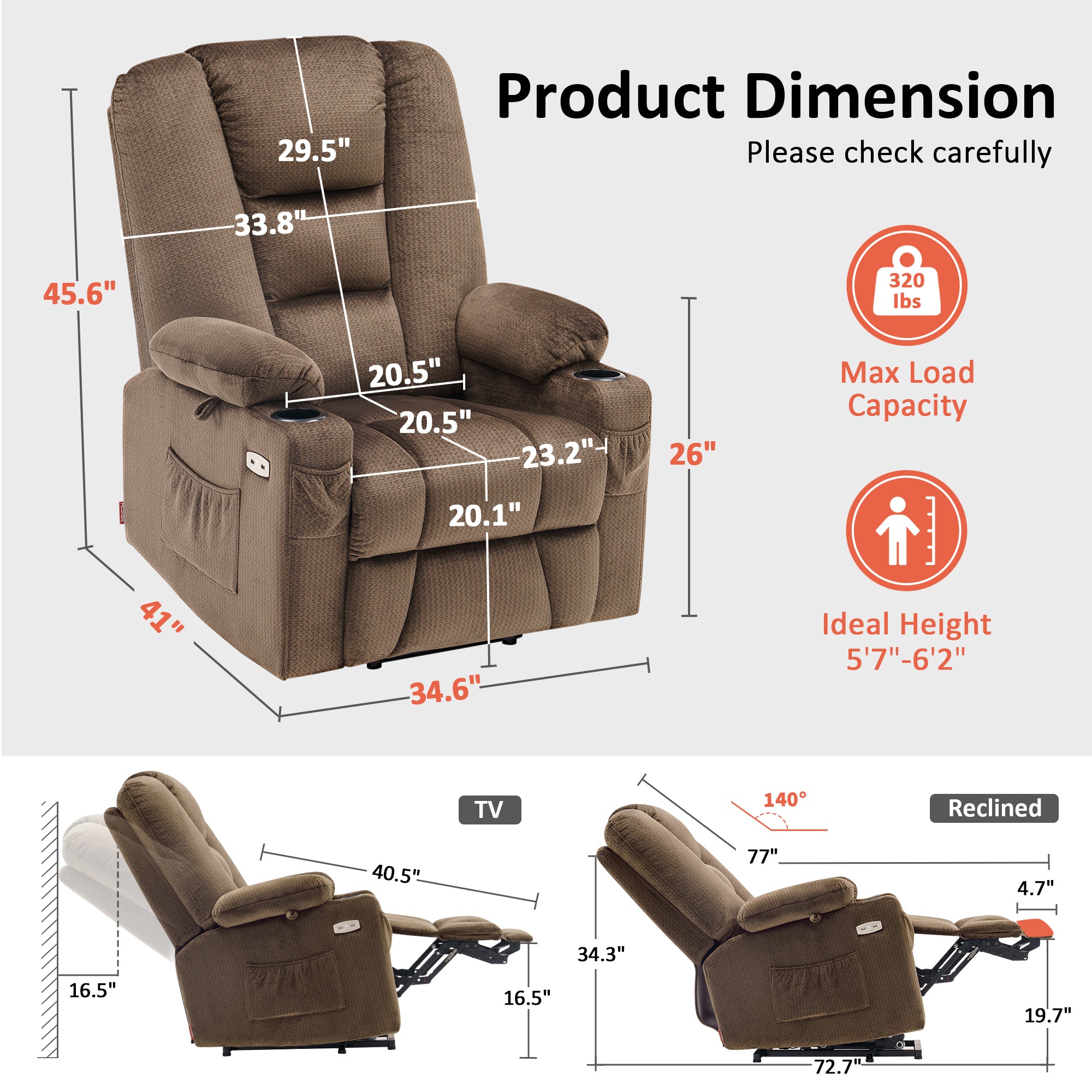Power Lift Recliner Chair, Massage and Heat, Fabric 7549|R7541|R7561