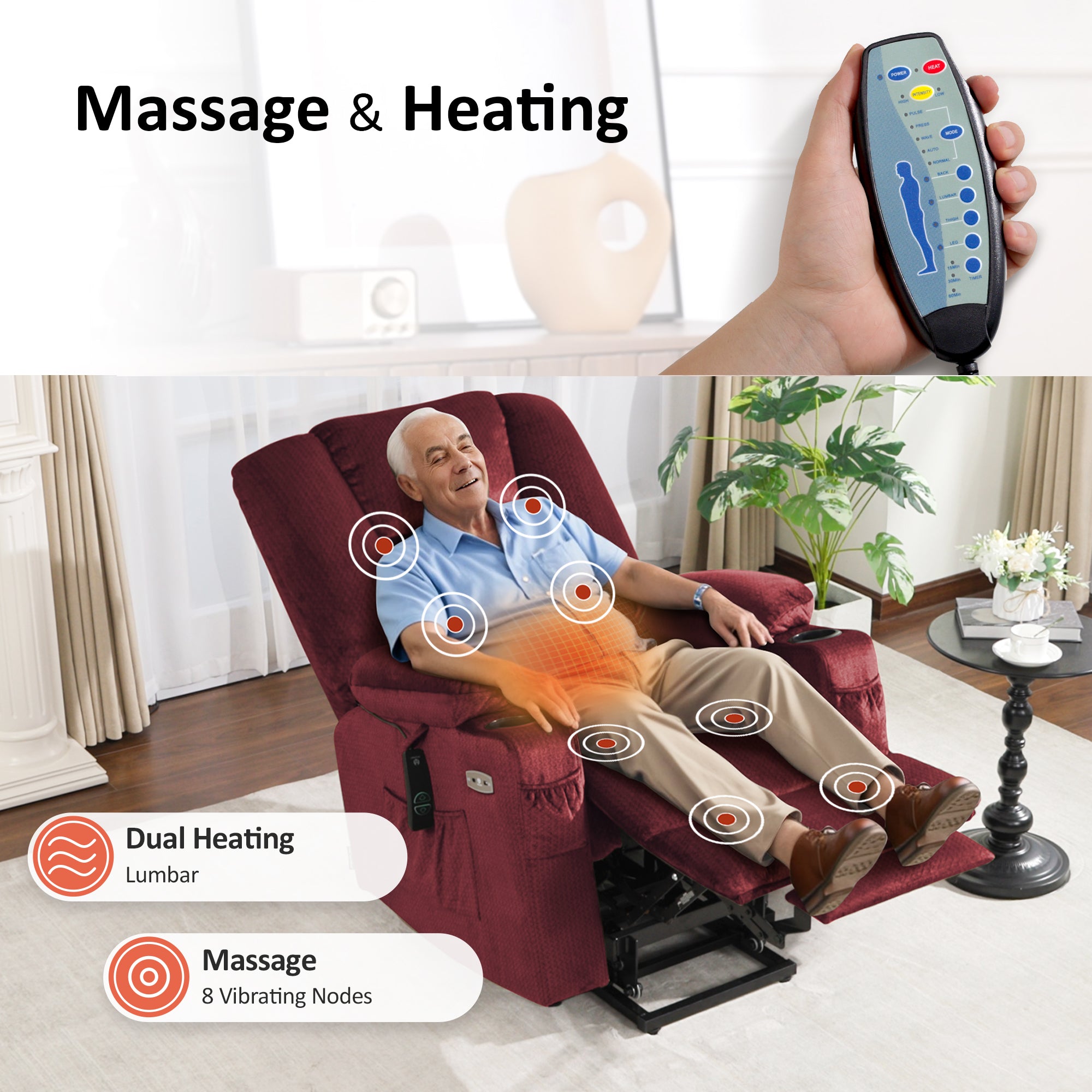 Power Lift Recliner Chair, Massage and Heat, Fabric 7549|R7541|R7561