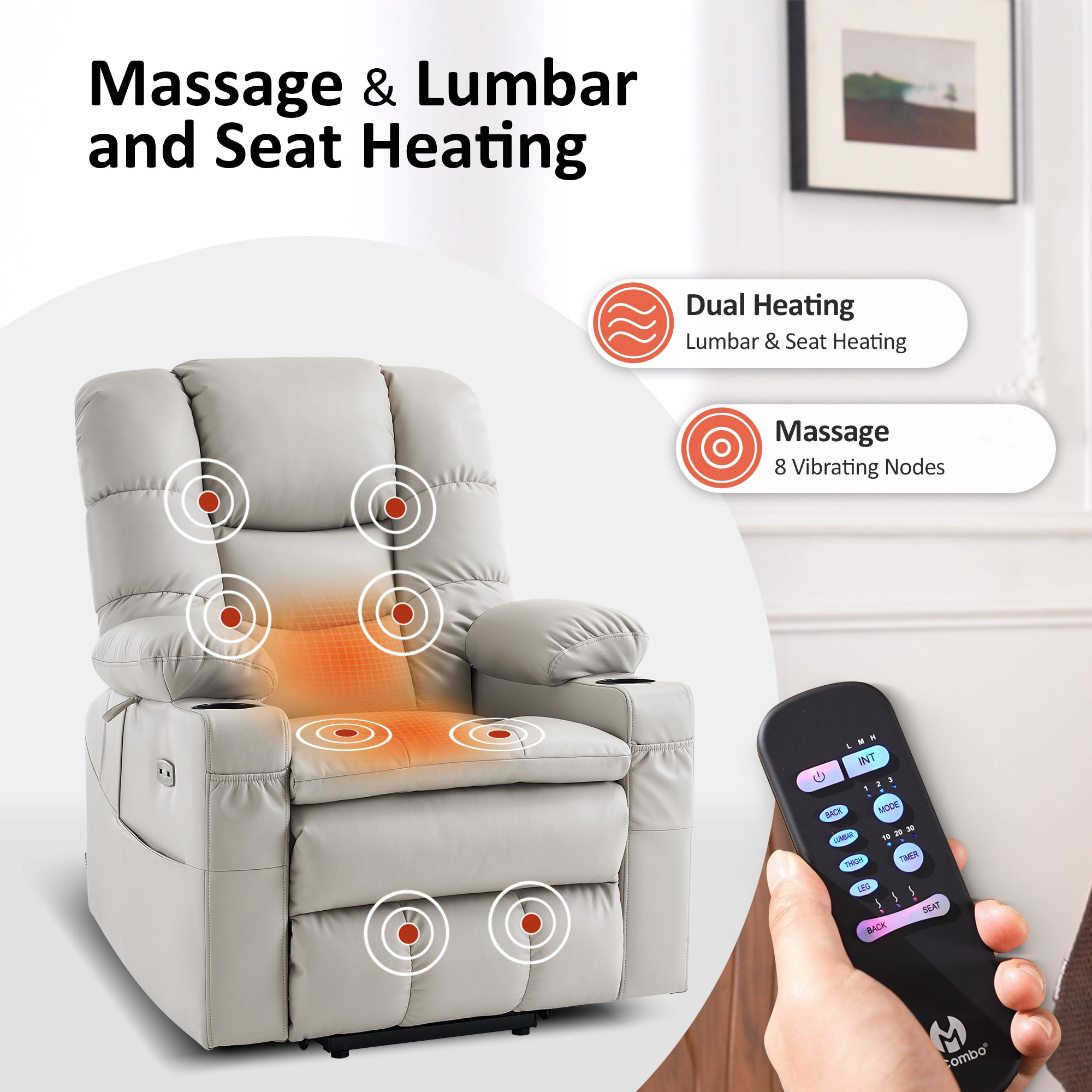 Power Lift Recliner Chair for Elderly,Triple Motor, Massage and Heat, Faux Leather 7632|7634|R7635