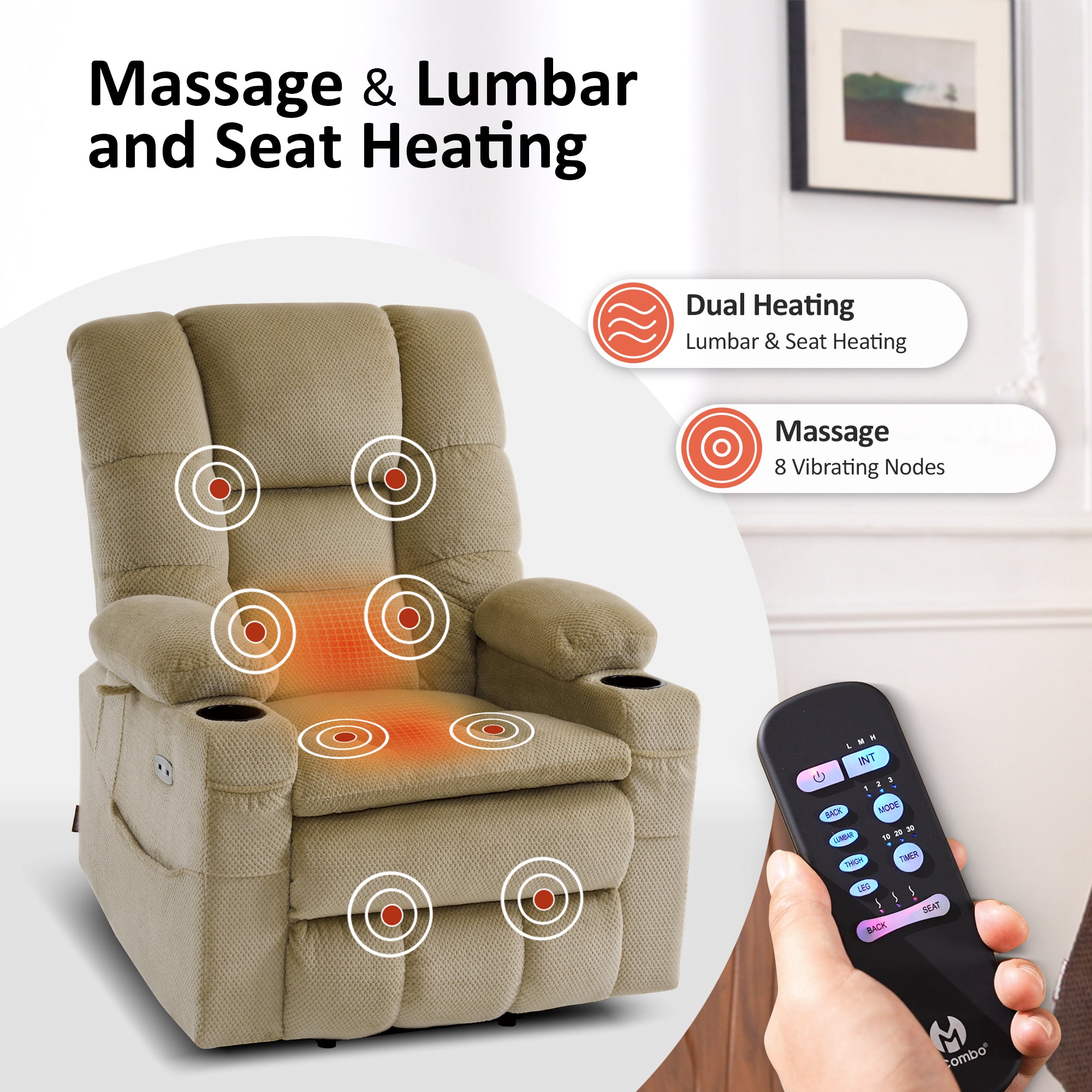 Power Lift Recliner Chair for Elderly, Dual Motor, Massage and Heat, Fabric 7634|7631|7632|R7635