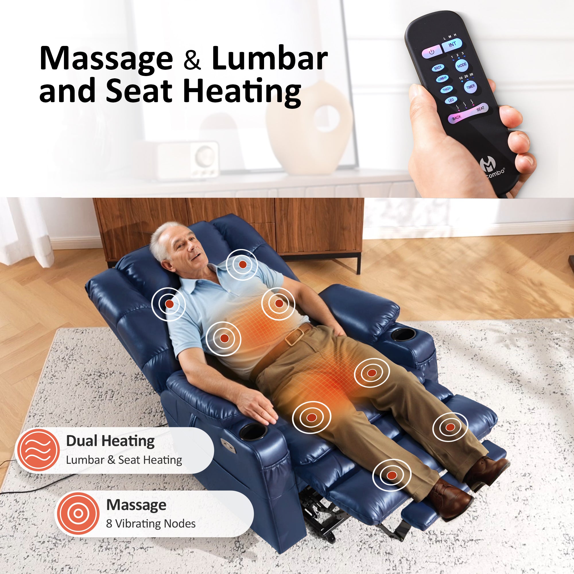 Power Lift Recliner Chair for Elderly, Dual Motor, Massage and Heat, Faux Leather 7634|R7635