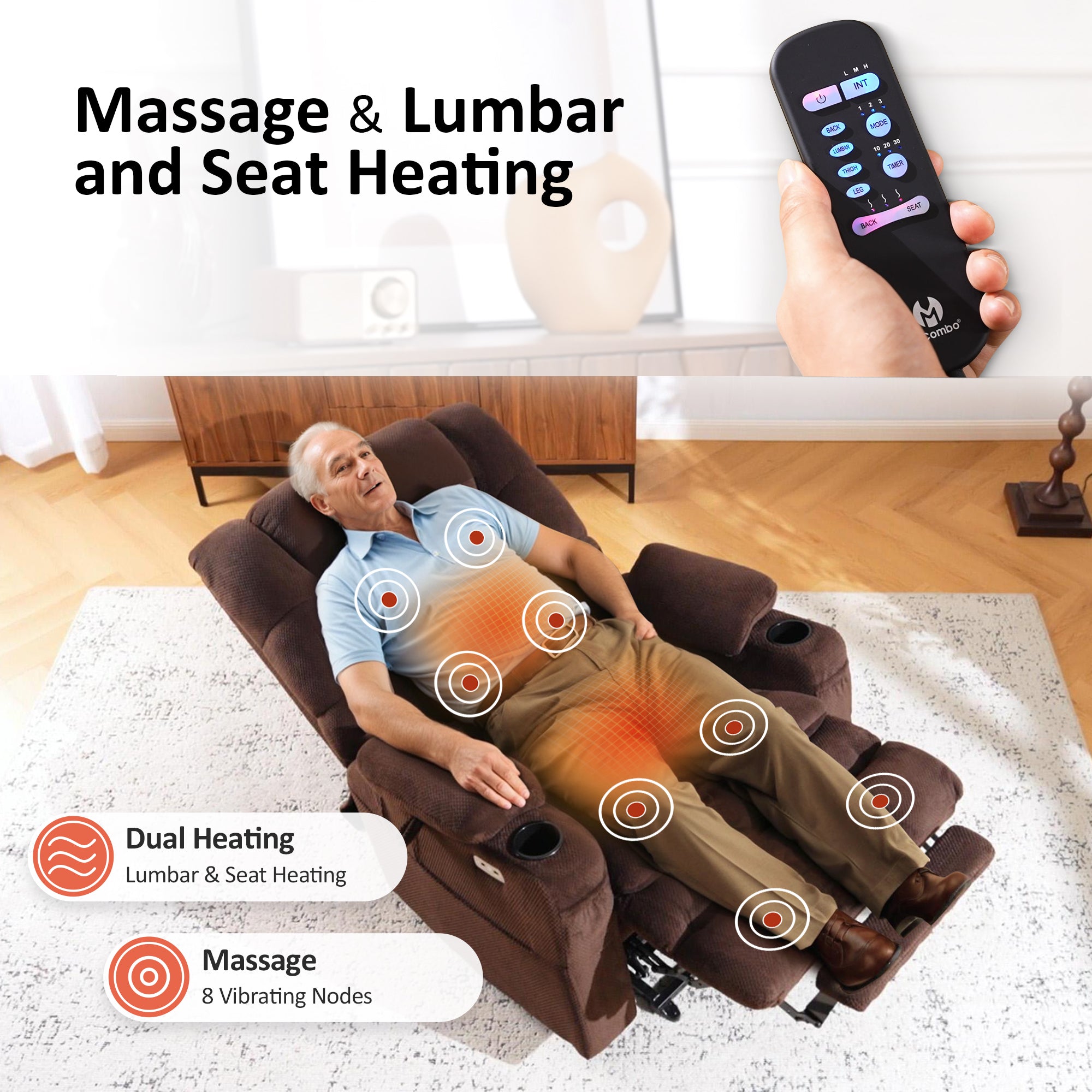 Power Lift Recliner Chair for Elderly, Dual Motor, Massage and Heat, Fabric 7634|7631|R7635