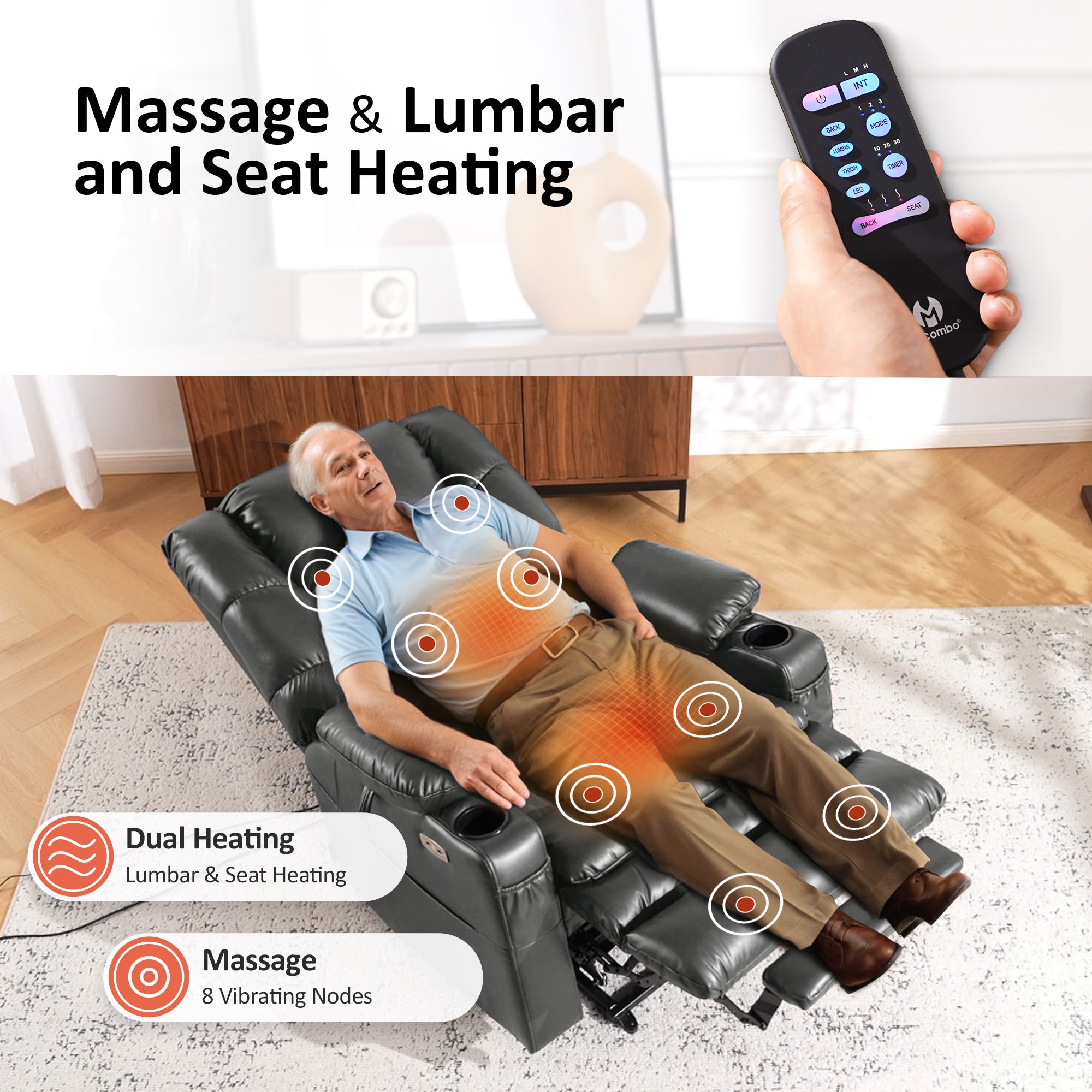 Power Lift Recliner Chair for Elderly, Dual Motor, Massage and Heat, Faux Leather 7632|7634|R7635