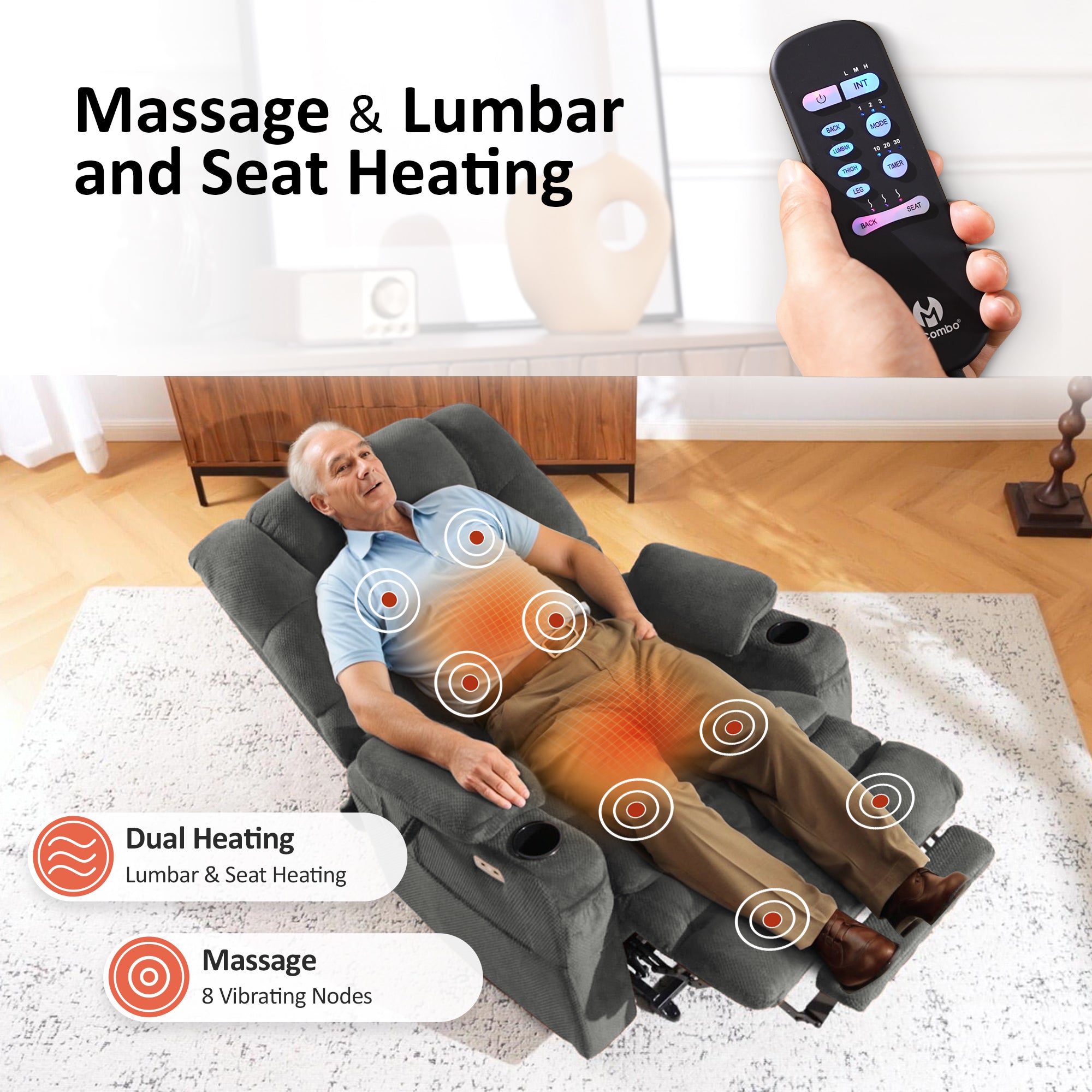 Power Lift Recliner Chair for Elderly, Dual Motor, Massage and Heat, Fabric 7634|7631|R7635