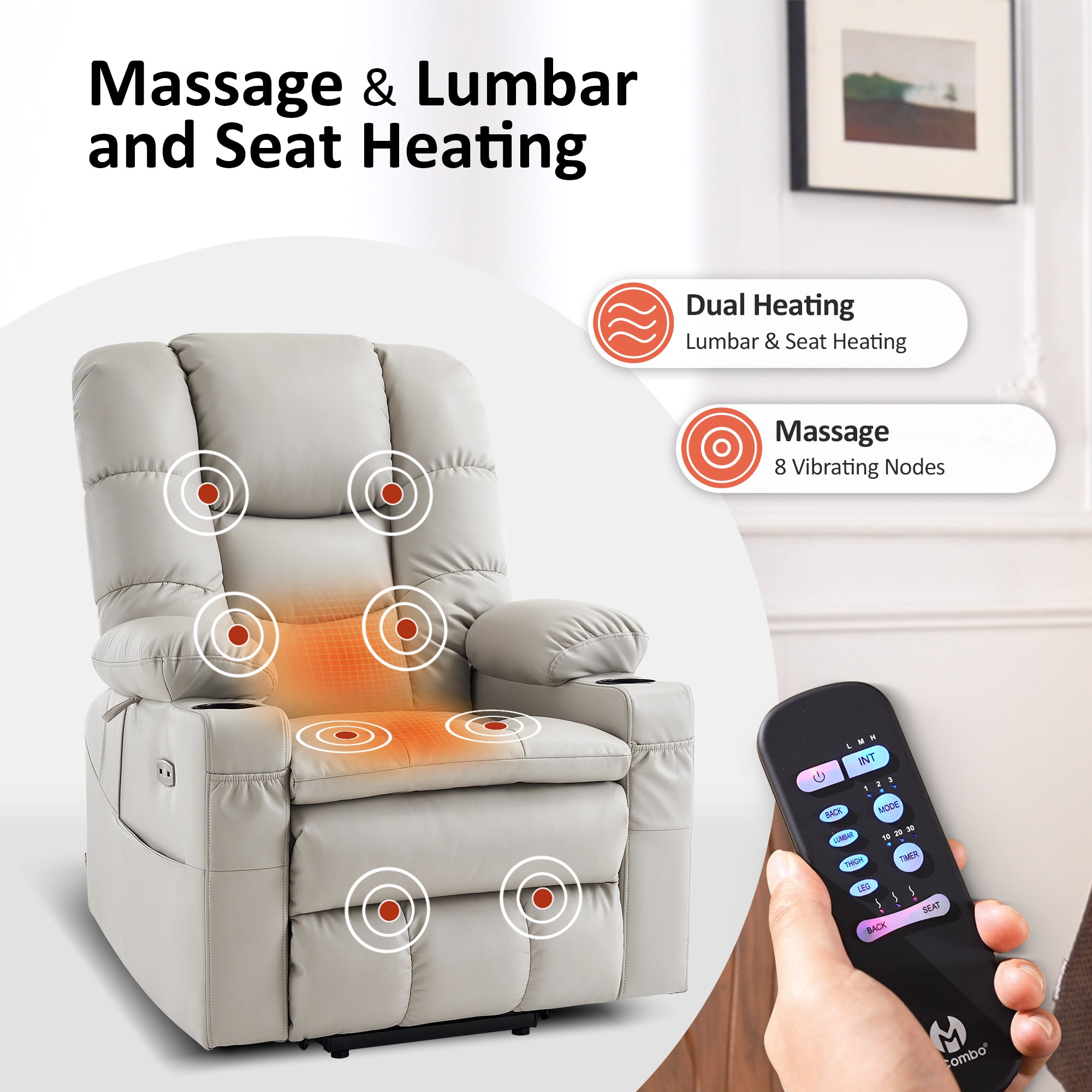 Power Lift Recliner Chair for Elderly, Dual Motor, Massage and Heat, Faux Leather 7634|R7635
