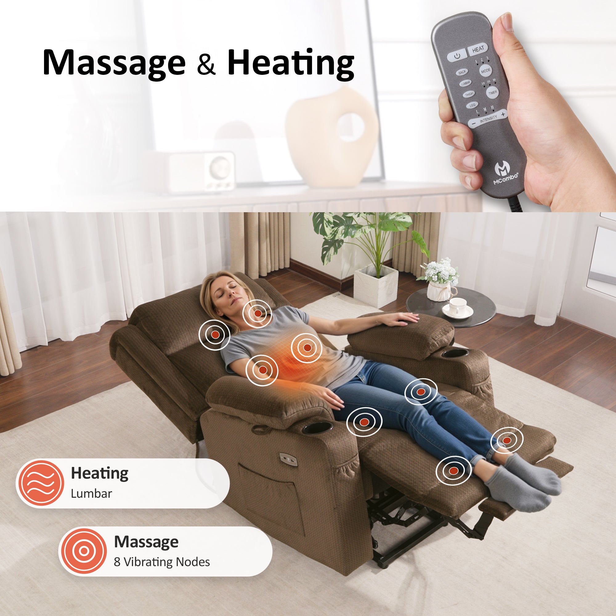 Power Lift Recliner Chair, Triple Motor, Massage and Heat, Fabric 7661|7662|7664