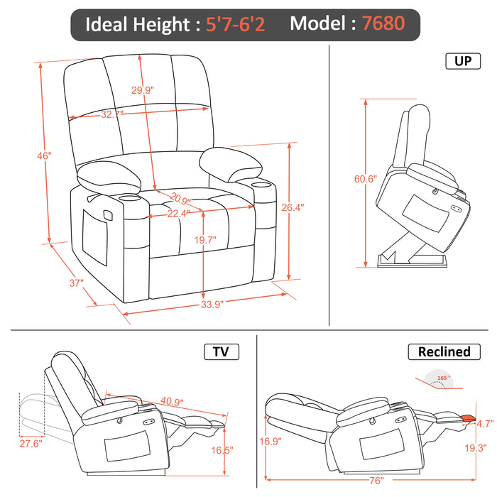 MCombo Large Dual Motor Power Lift Recliner Chair with Massage and Heat for Elderly Big and Tall People, Infinite Position, Home Button, Fabric 7680