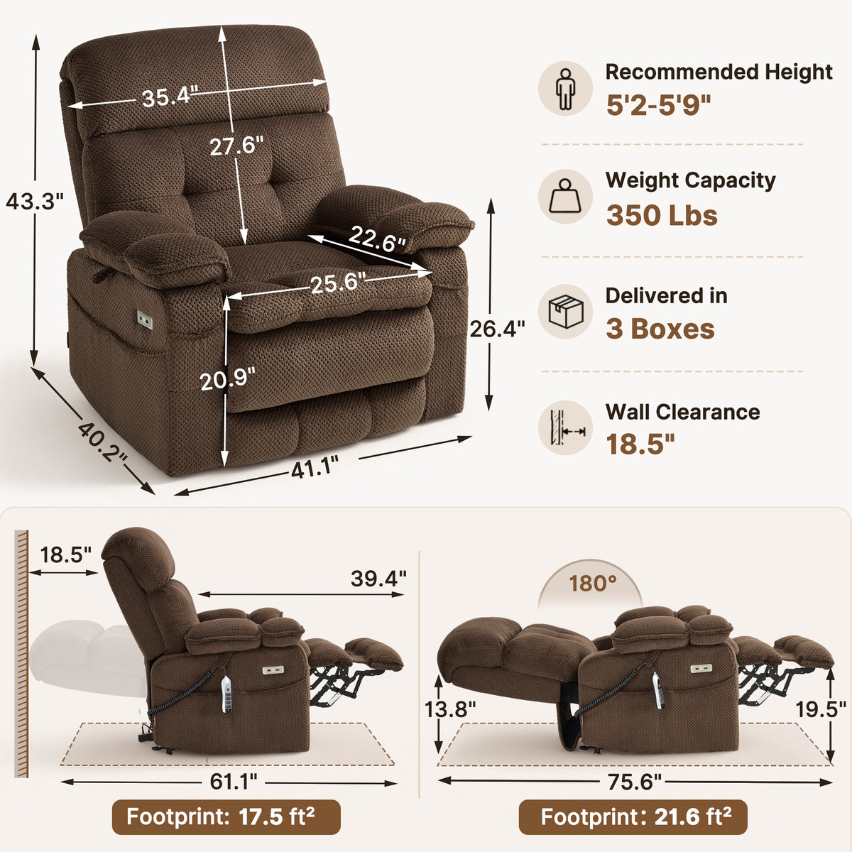 4-Motors Power Lift Recliner, Power Lumbar & Headrest, Massage & Dual Heating, Fabric 7700