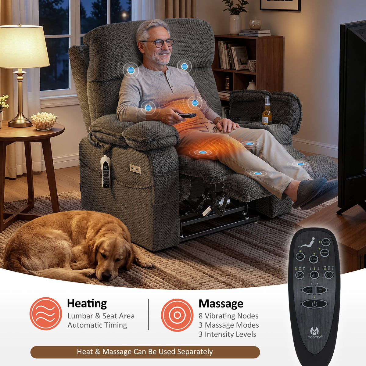 4-Motors Power Lift Recliner, Power Lumbar & Headrest, Massage & Dual Heating, Fabric 7700