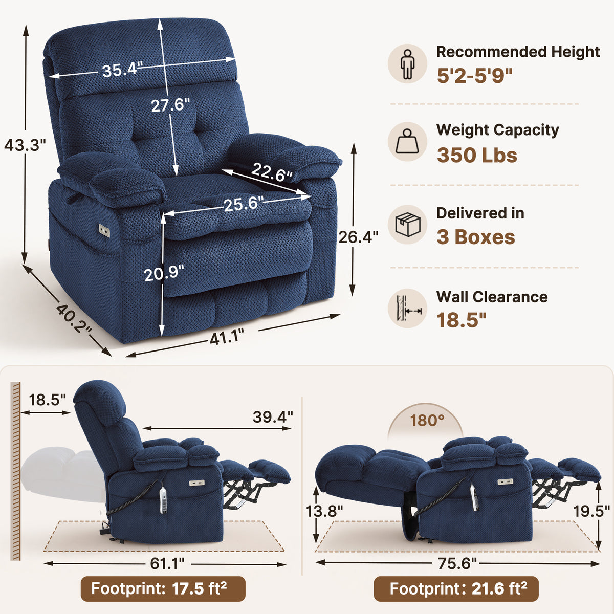 4-Motors Power Lift Recliner, Power Lumbar & Headrest, Massage & Dual Heating, Fabric 7700