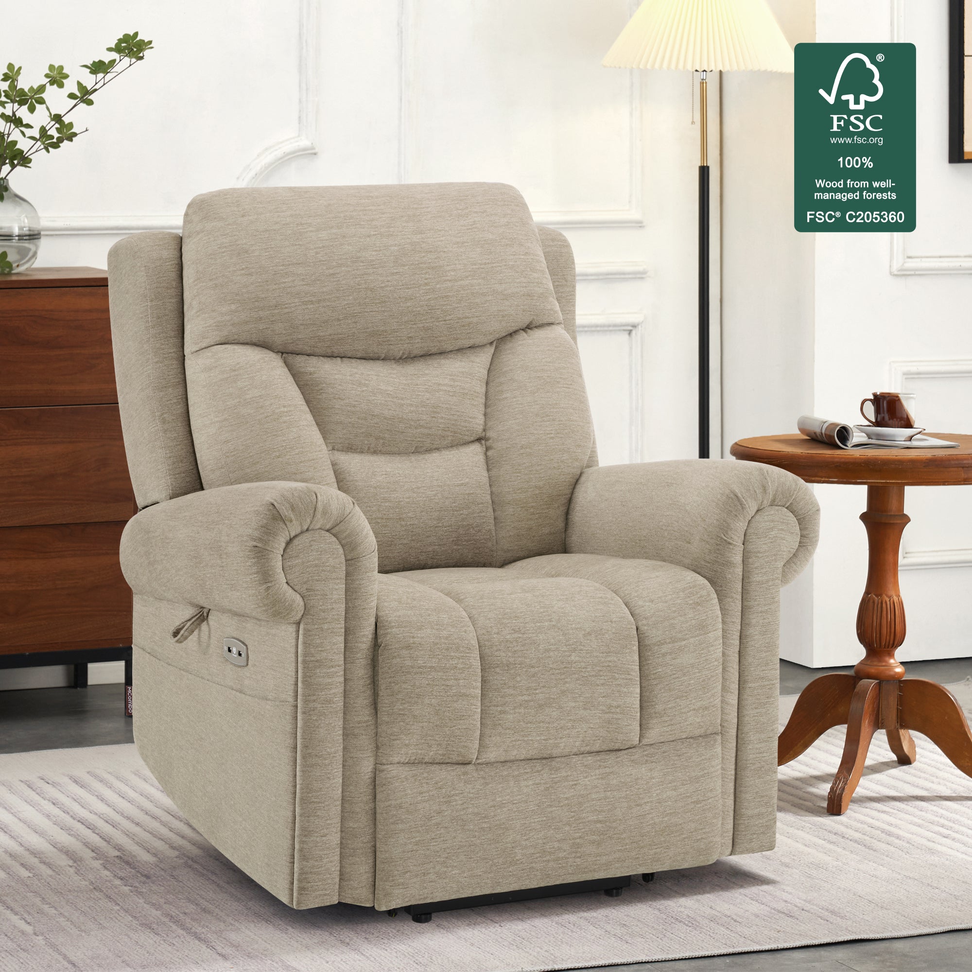 MCombo Triple Motor Power Lift Recliner Chair with Massage and Lumbar&seat Heating, Rolled Arms, Adjustable Headrest for Elderly People, Fabric 7888