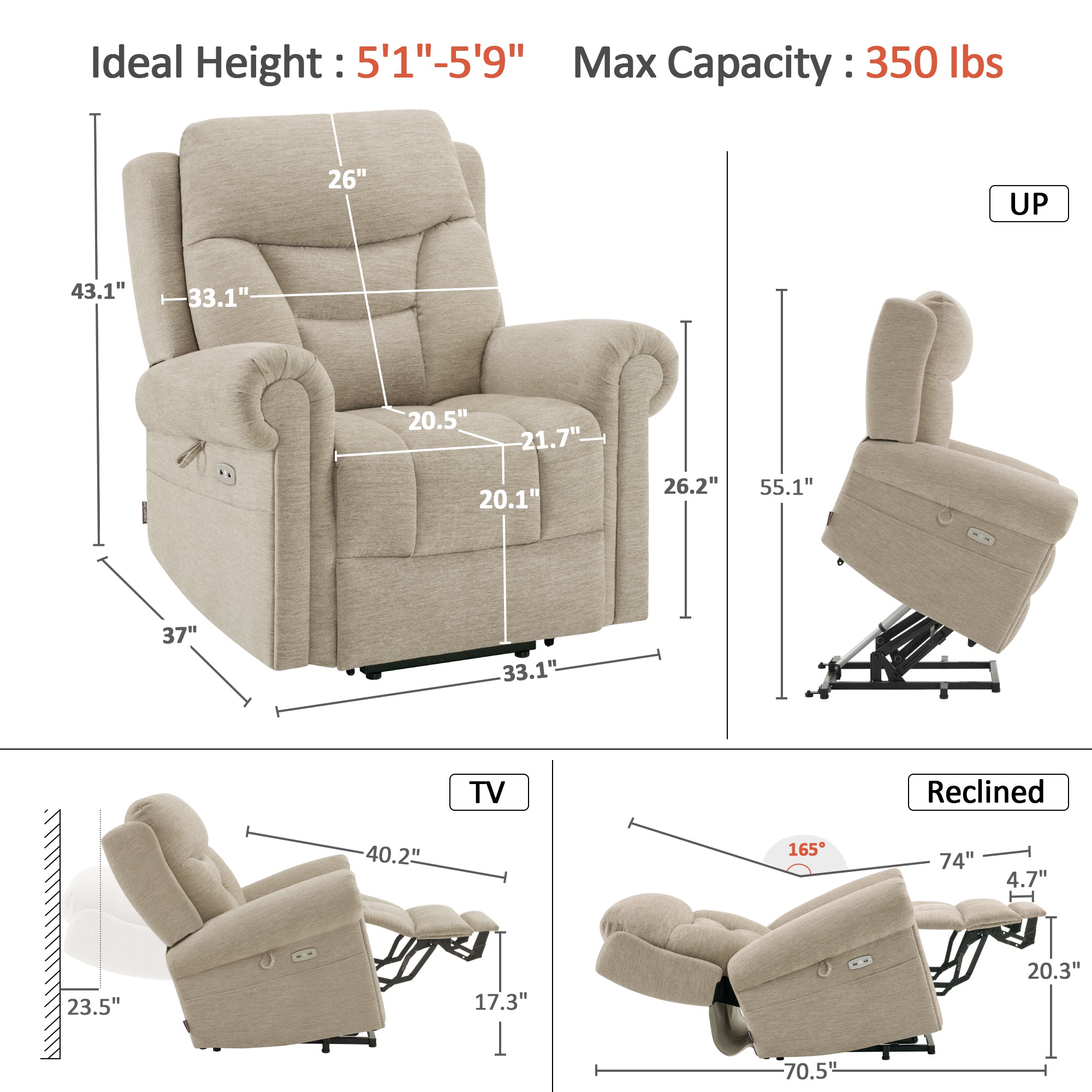 MCombo Triple Motor Power Lift Recliner Chair with Massage and Lumbar&seat Heating, Rolled Arms, Adjustable Headrest for Elderly People, Fabric 7888