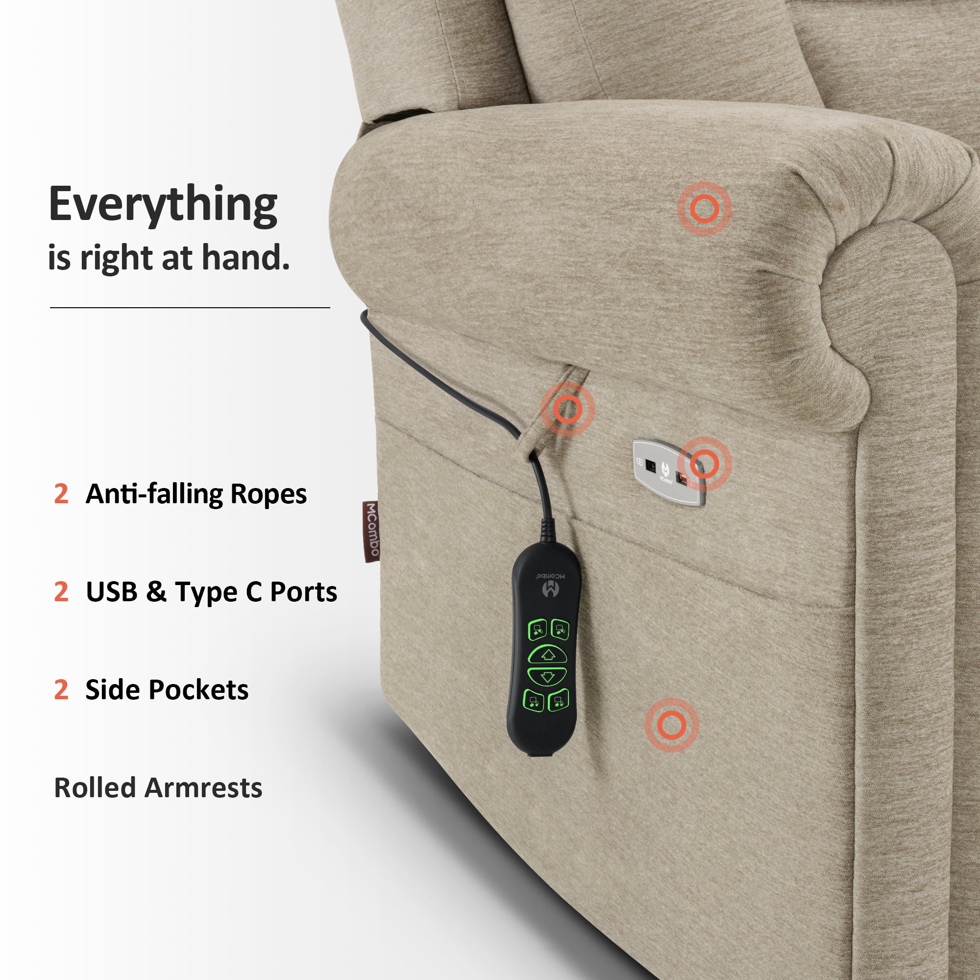 MCombo Triple Motor Power Lift Recliner Chair with Massage and Lumbar&seat Heating, Rolled Arms, Adjustable Headrest for Elderly People, Fabric 7888