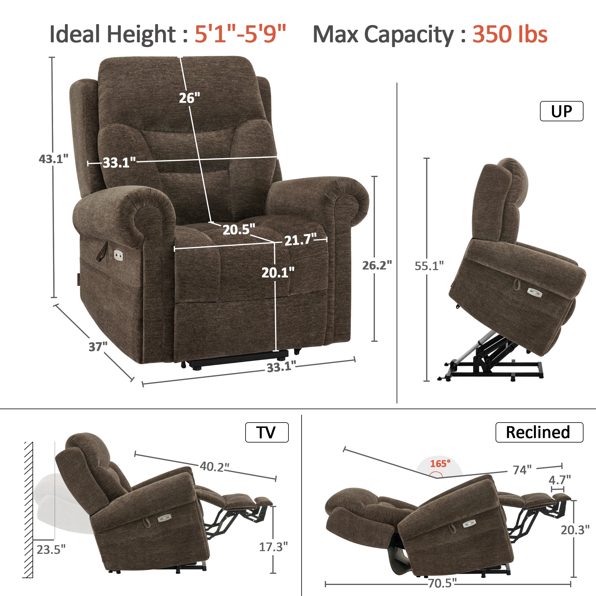 MCombo Triple Motor Power Lift Recliner Chair with Massage and Lumbar&seat Heating, Rolled Arms, Adjustable Headrest for Elderly People, Fabric 7888