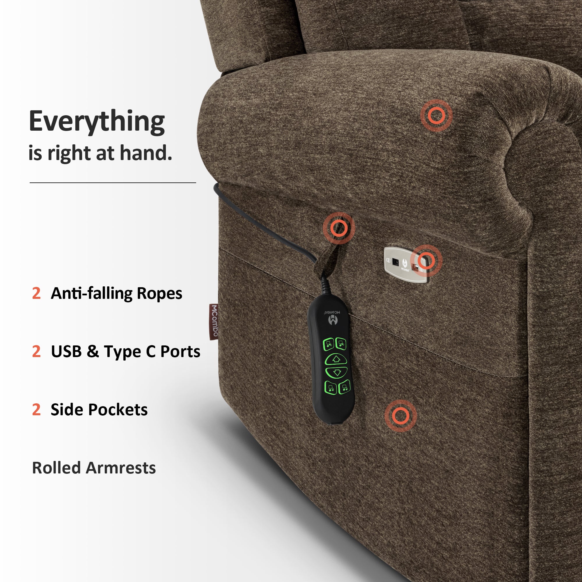 MCombo Triple Motor Power Lift Recliner Chair with Massage and Lumbar&seat Heating, Rolled Arms, Adjustable Headrest for Elderly People, Fabric 7888